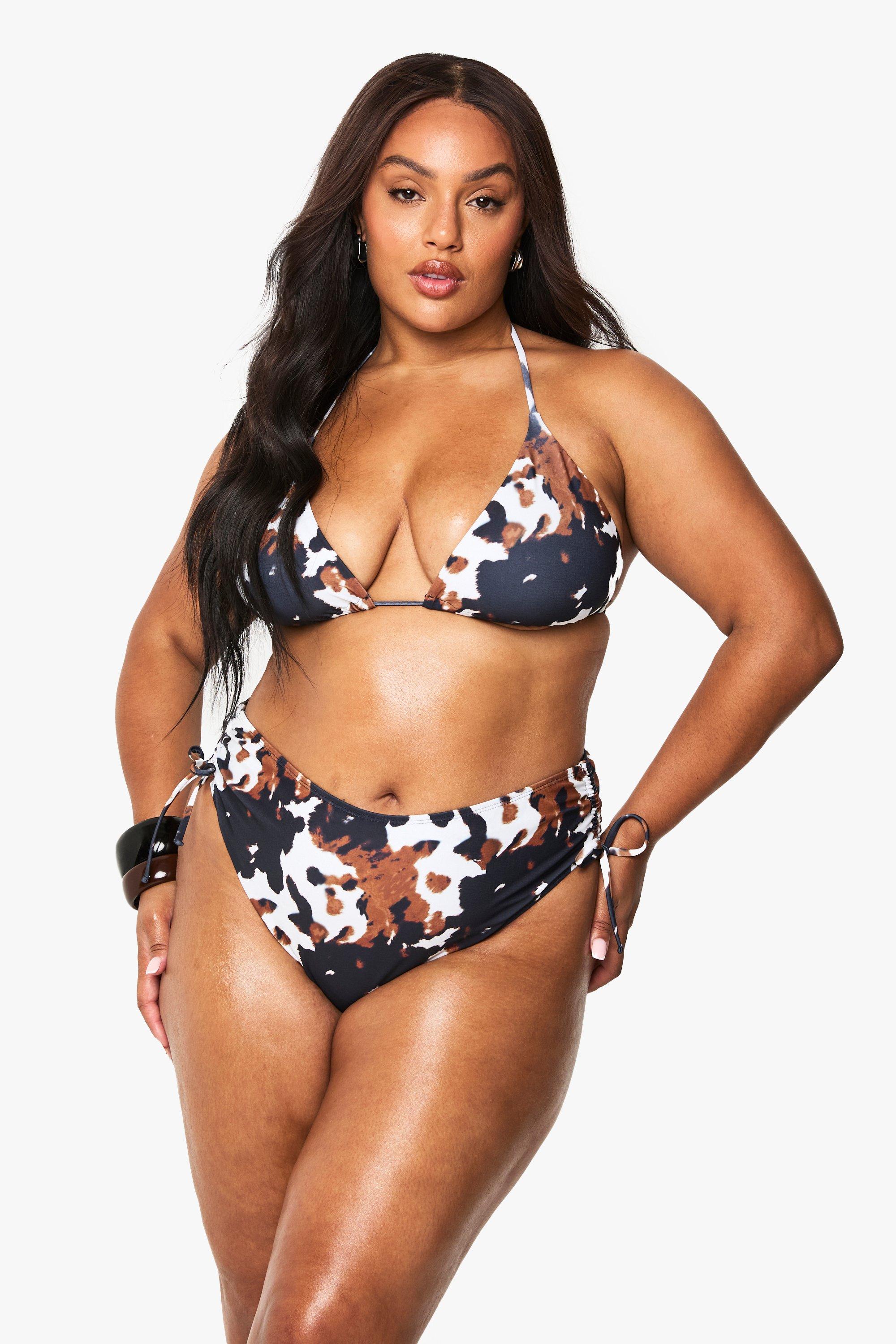 Boohoo Plus Driehoekig High Waist Koeienprint Bikini Broekje, Brown