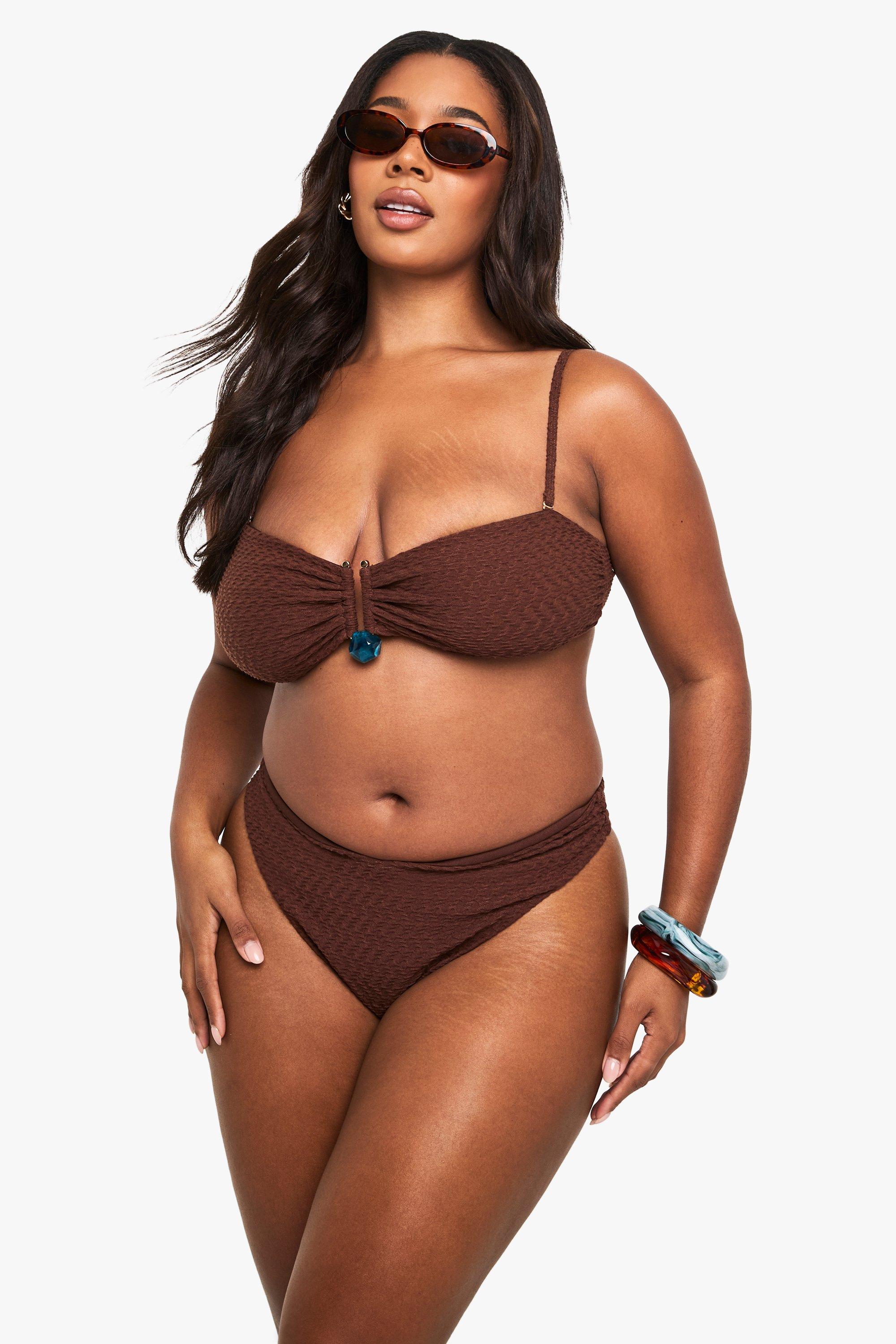 Boohoo Plus Gekreukelde Bikini Broekje Met Hoge Taille, Chocolate