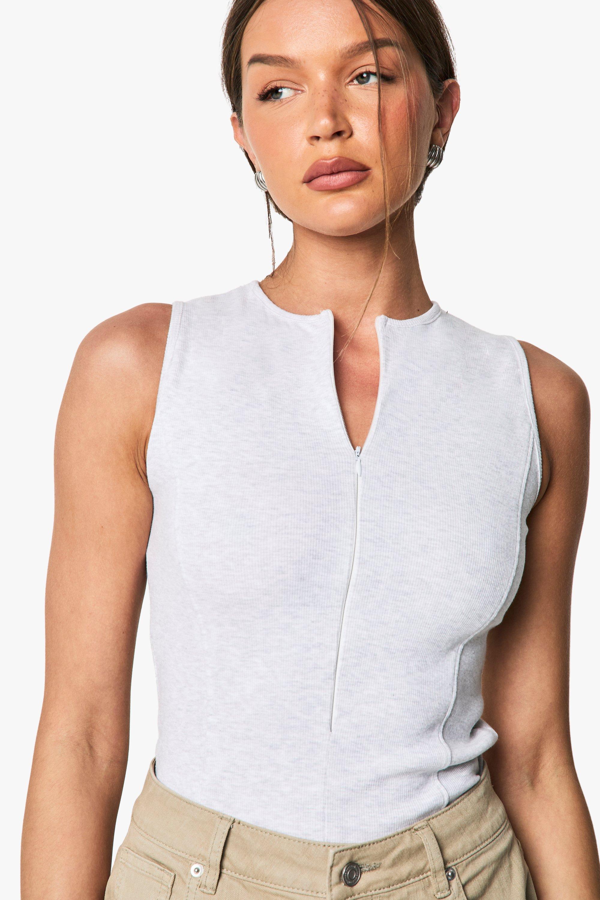 Image of Top smanicato a coste con zip, Grigio