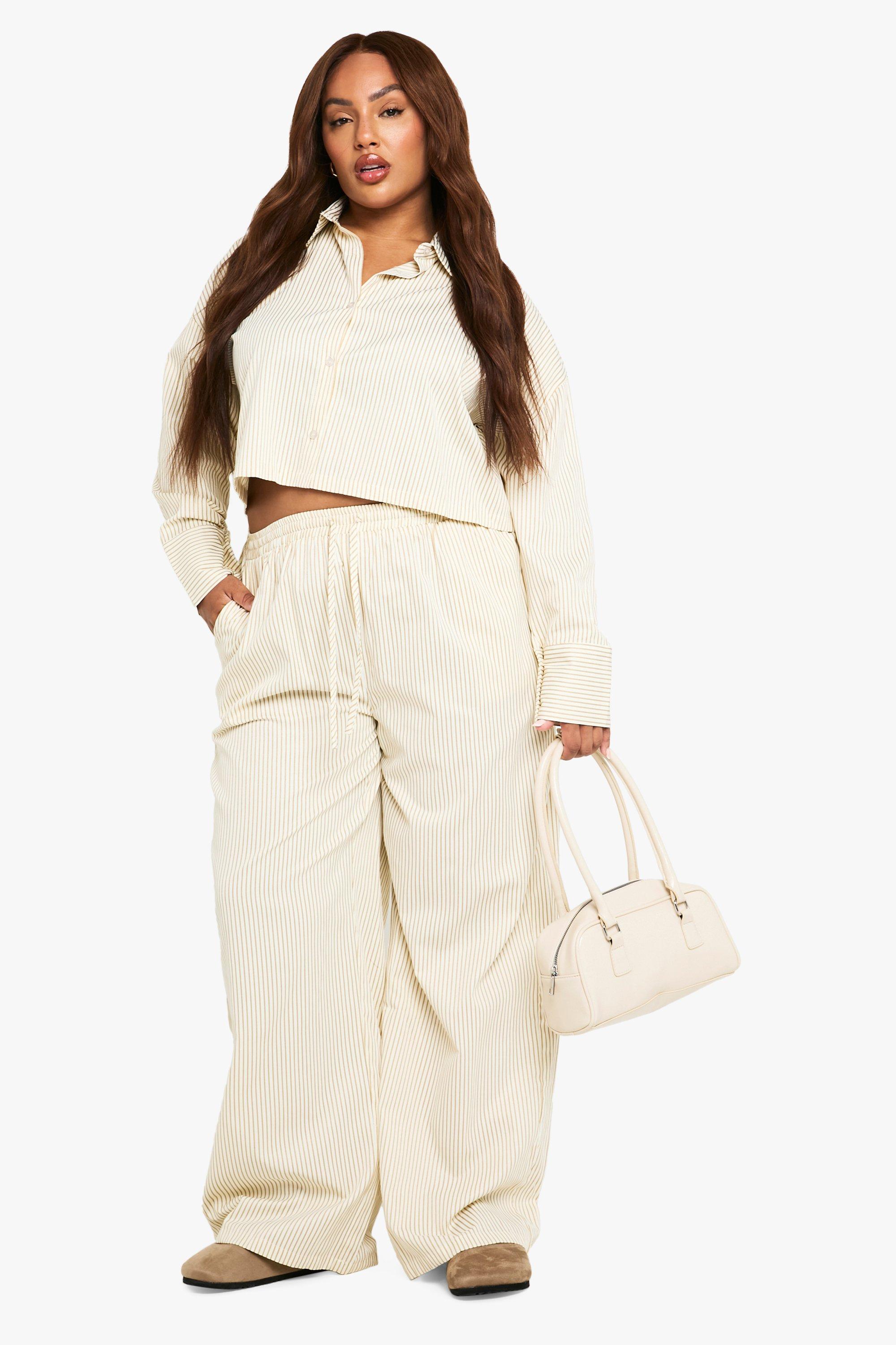 Image of Pantaloni Plus Size a gamba ampia a righe, Beige