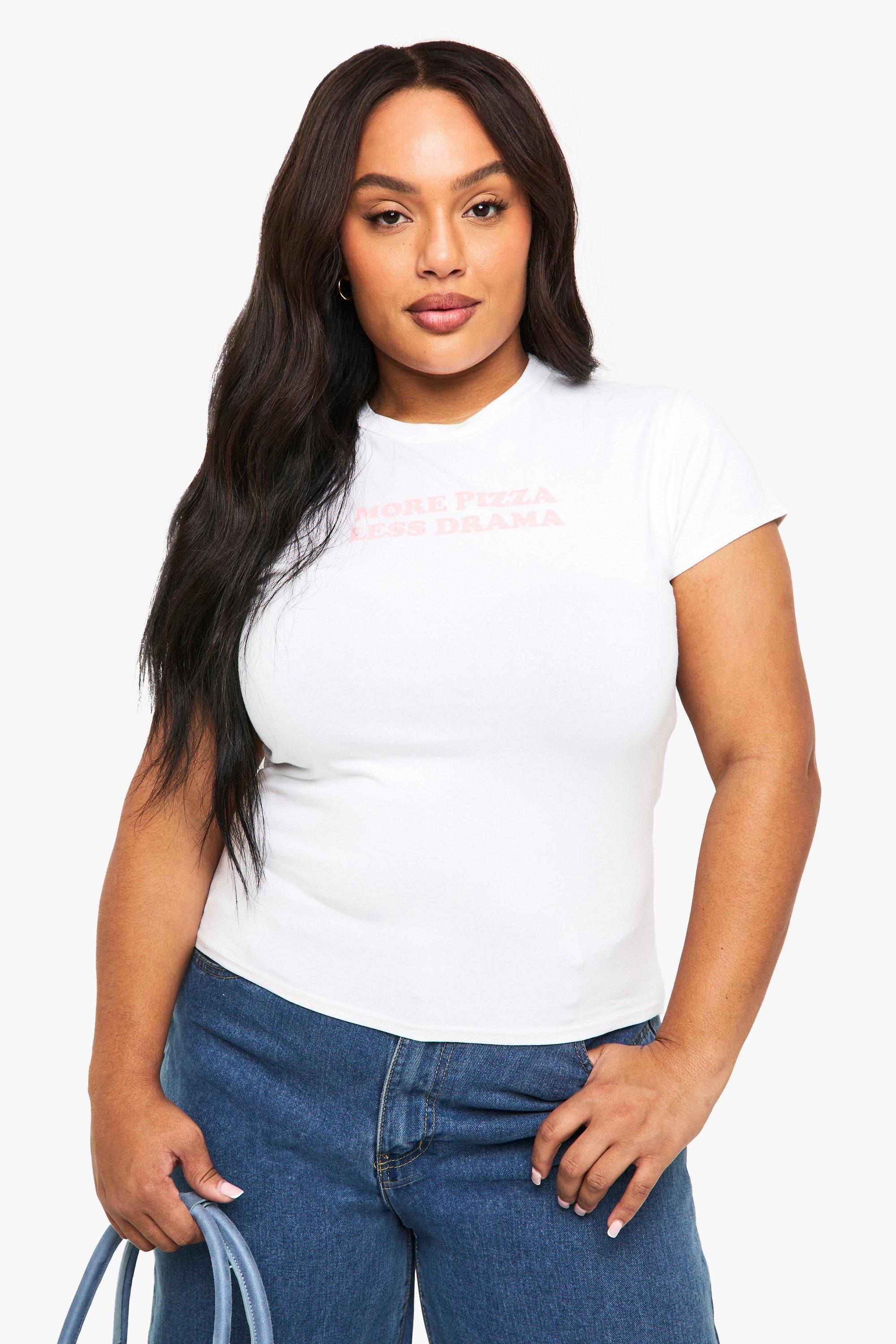 Image of T-shirt PLUS MORE MORE PIZZA LESS DRAMA BABY TEE, Bianco