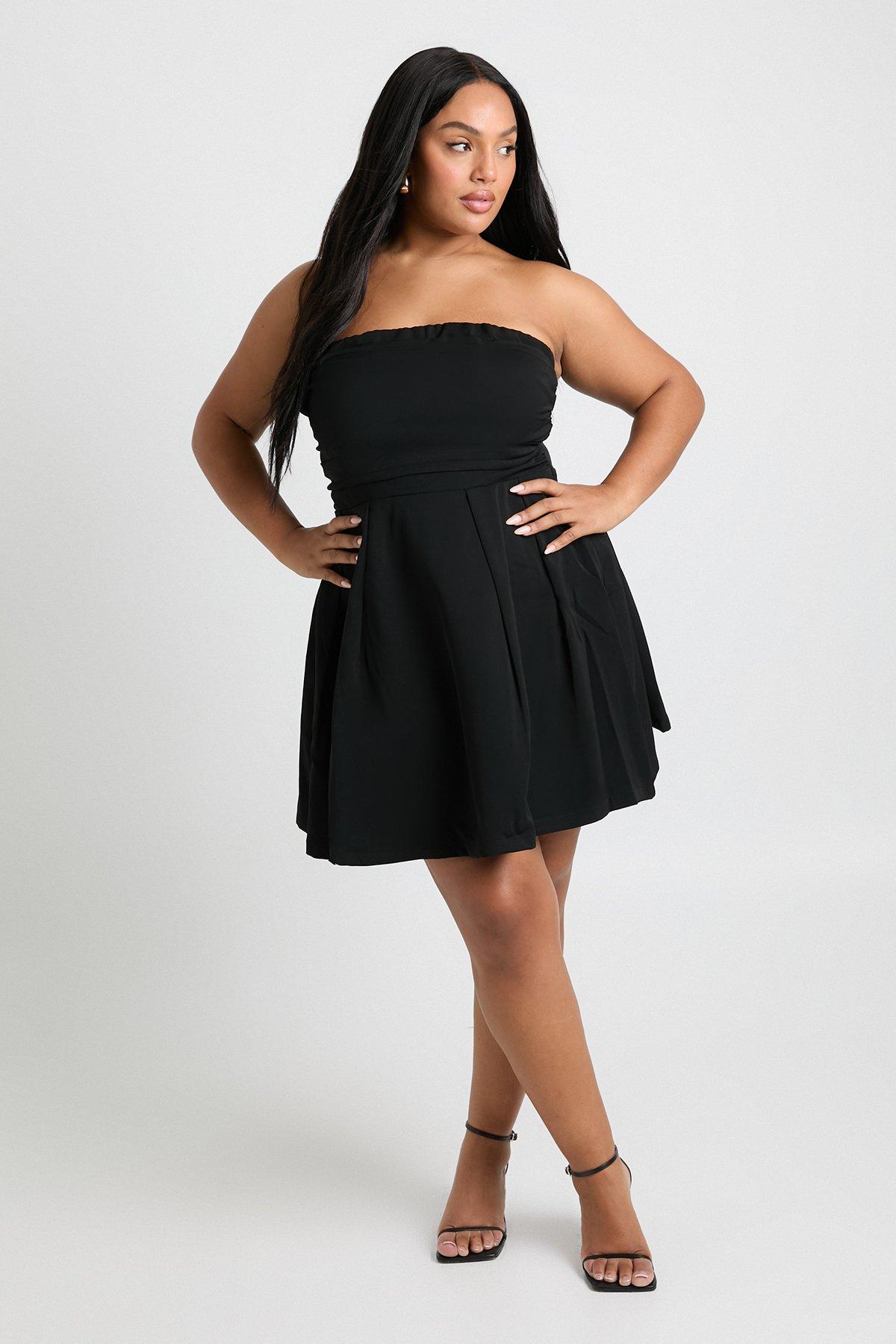 Image of Plus Structured Ruched Mini Bandeau Skater Dress, Nero