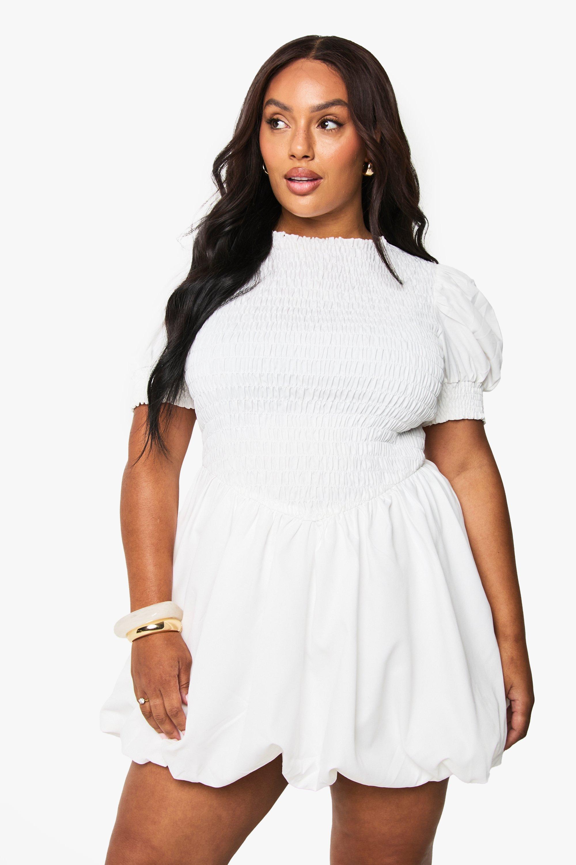 Boohoo Plus Shirred Poplin Puffball Mini Dress, White
