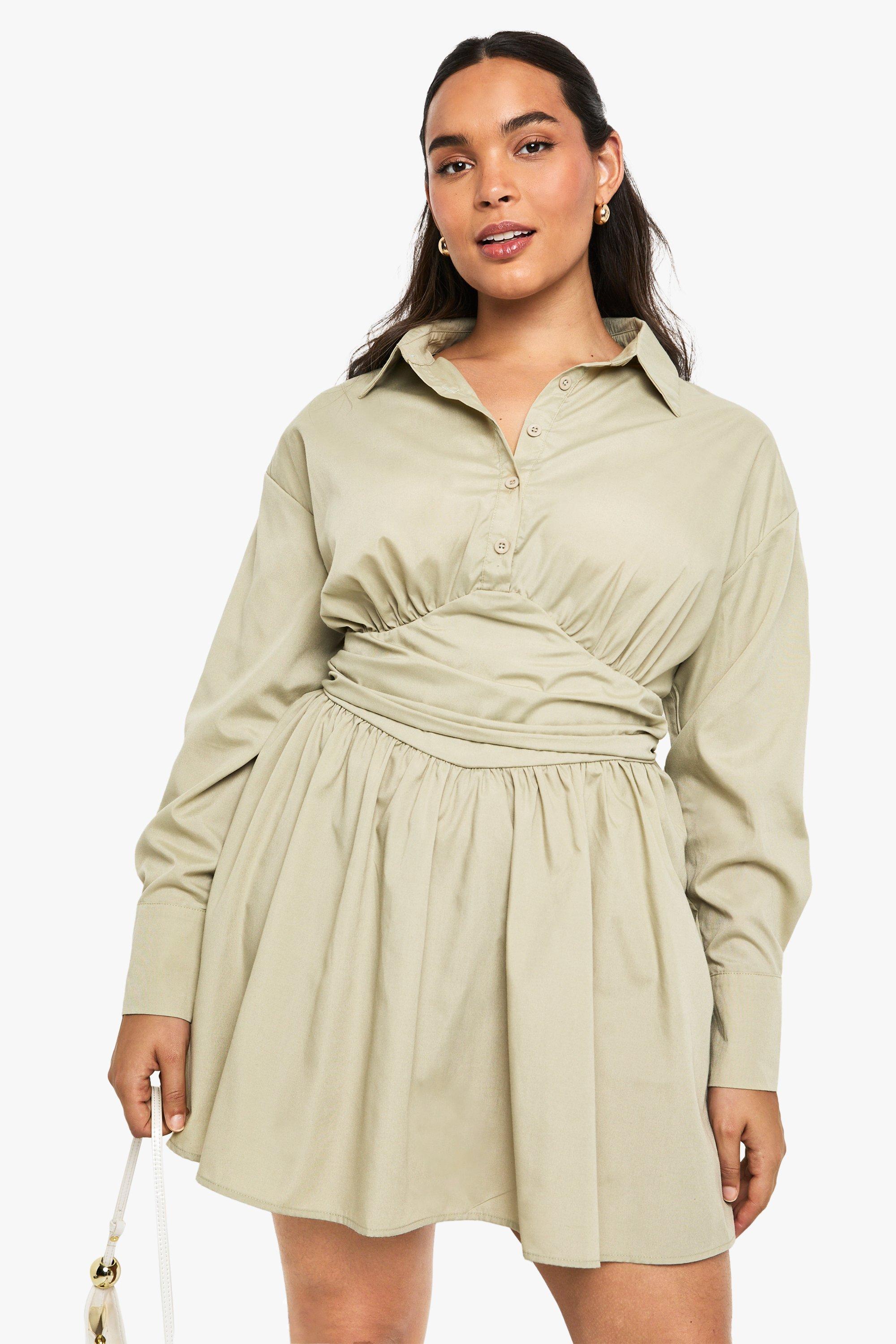 Boohoo Plus Gathered Waist Detail Skater Shirt Dress, Light Khaki