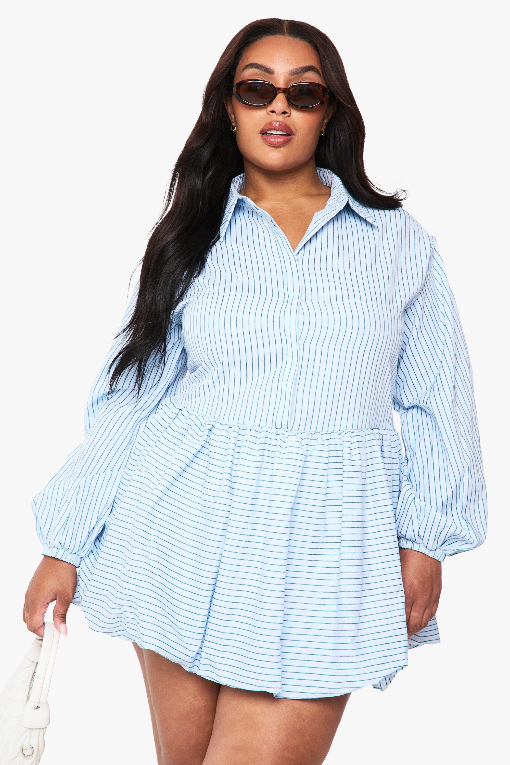 Boohoo Plus Textured Stripe Puffball Shirt Dress, Blue