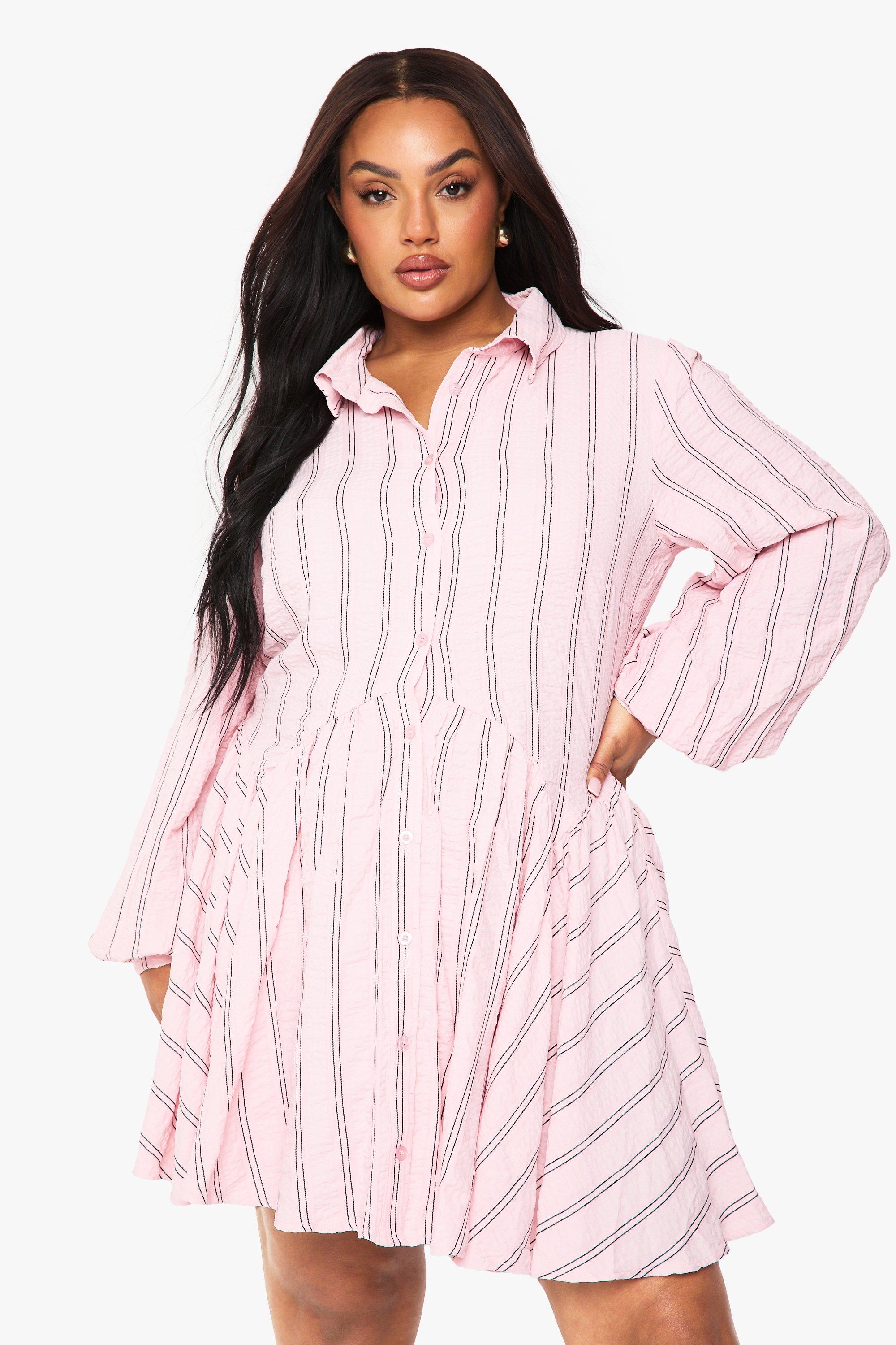 Boohoo Plus Textured Stripe Drop Hem Shirt Dress, Pink