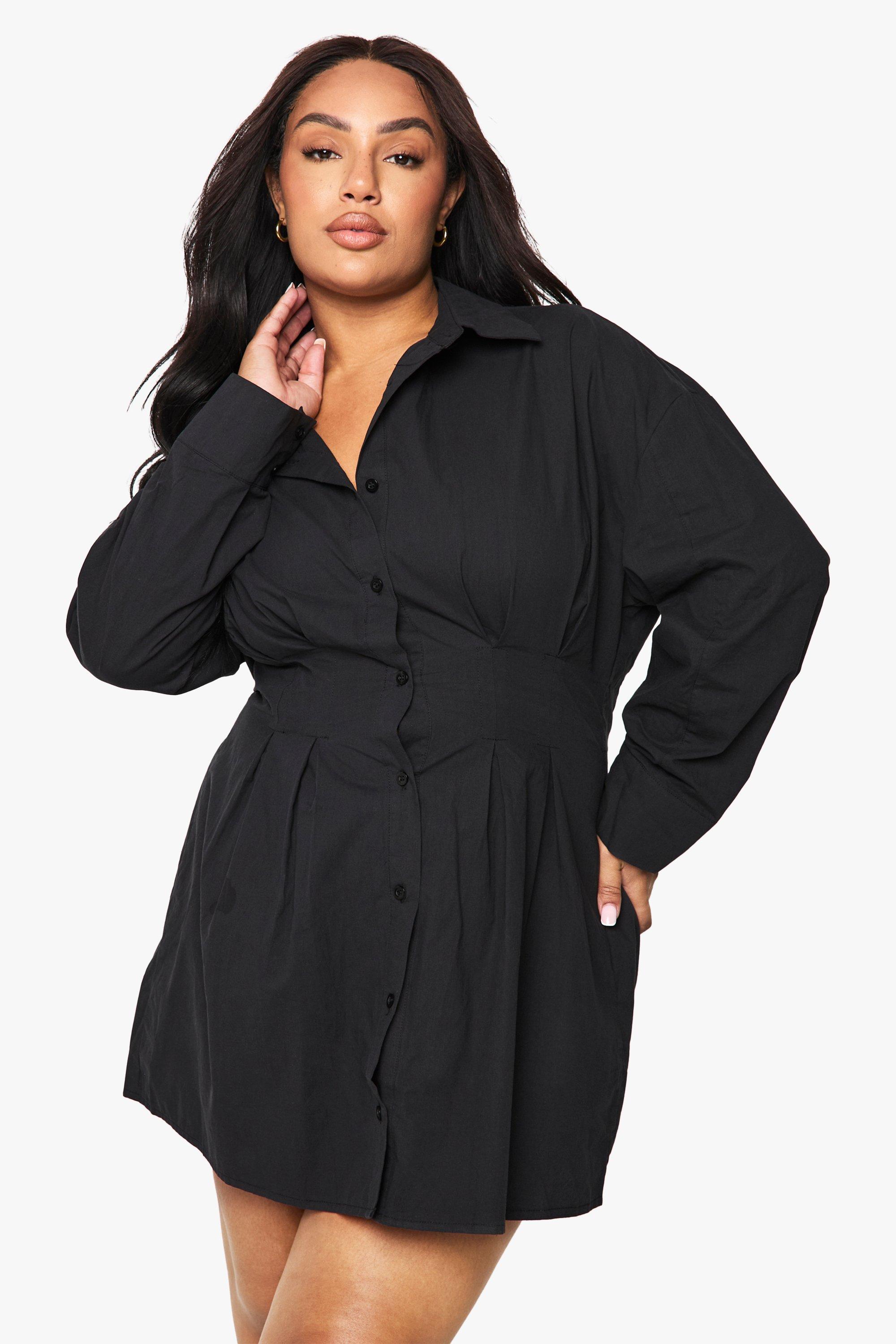Boohoo Plus Poplin Cinched Shirt Dress, Black