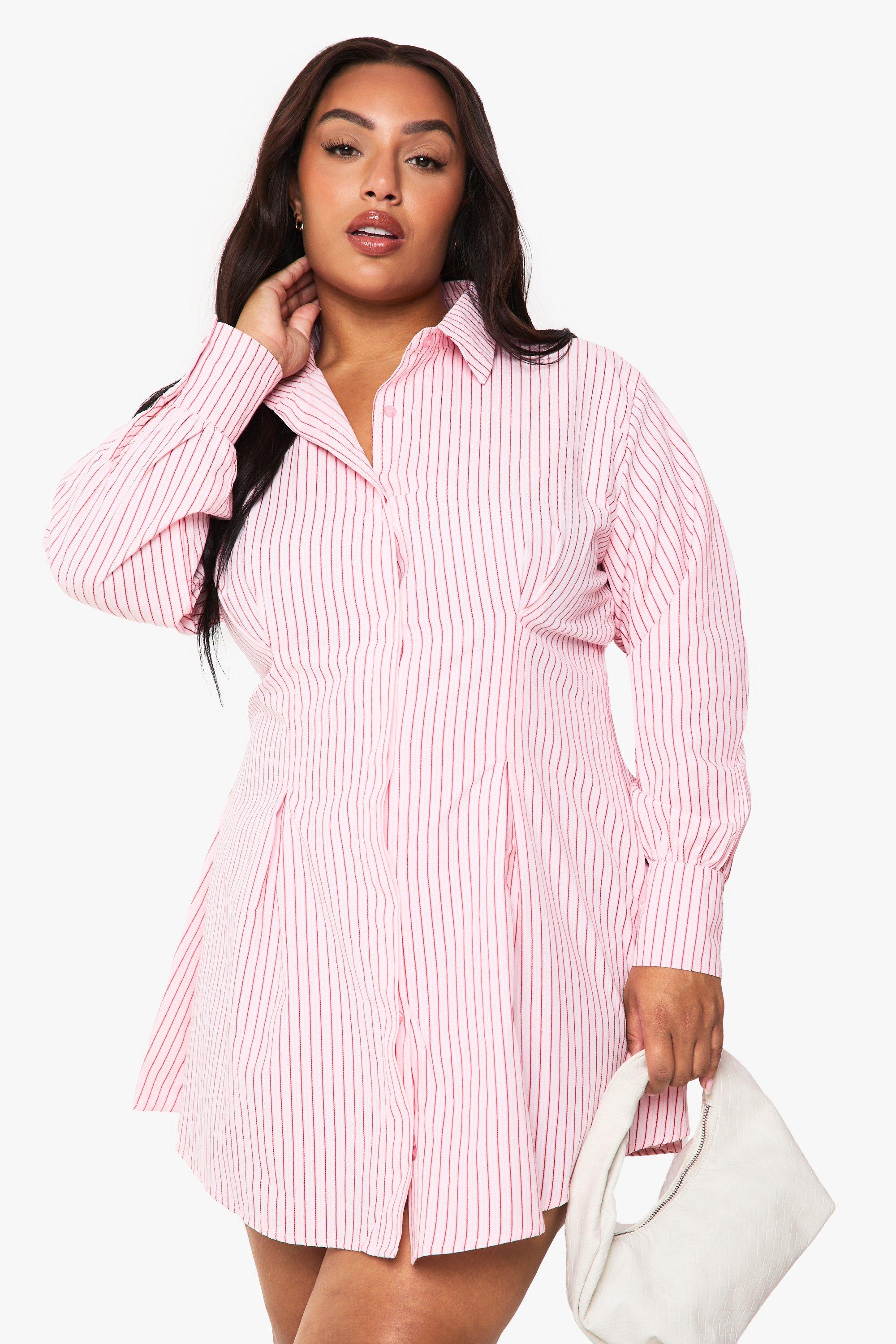 Boohoo Plus Stripe Cinched Shirt Dress, Pink