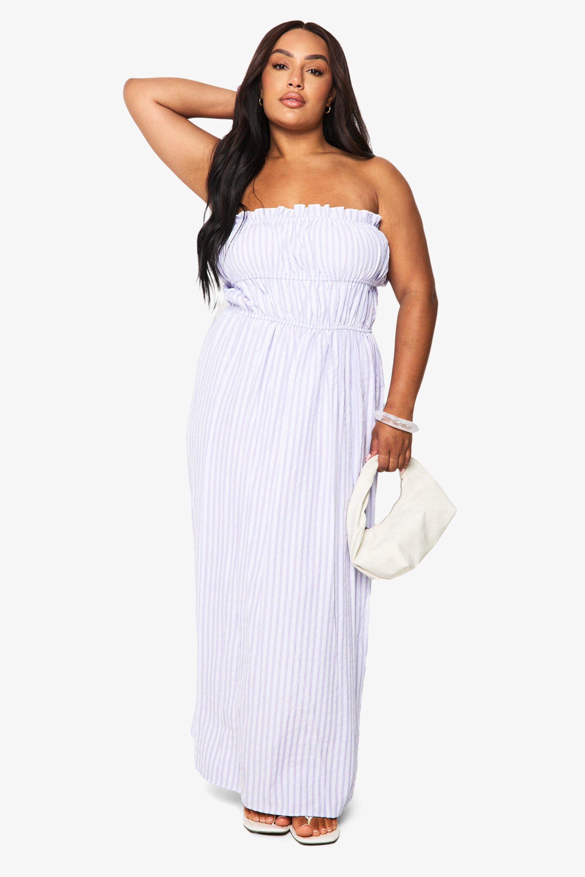 Boohoo Plus Textured Stripe Bandeau Maxi Dress, Blue