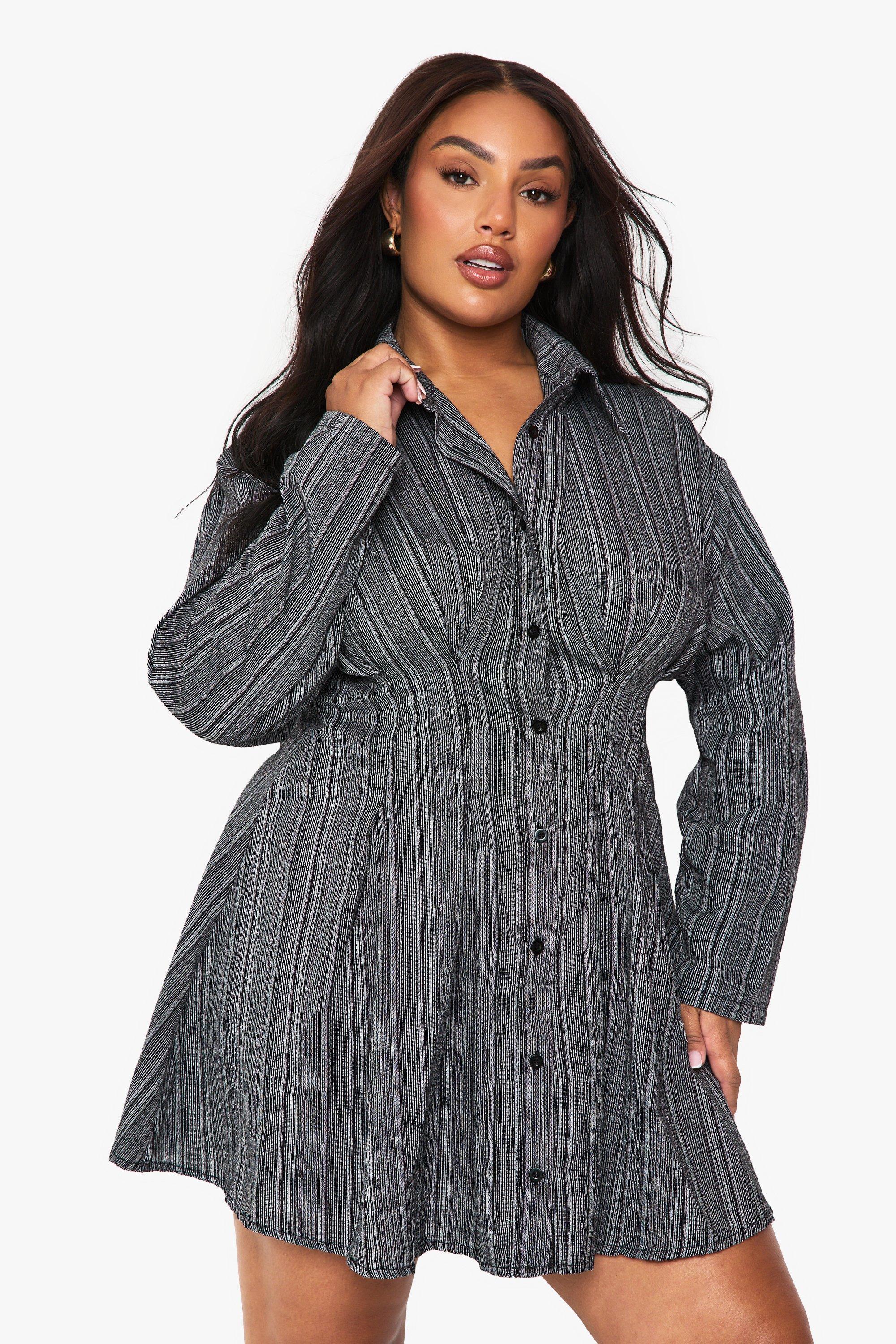 Boohoo Plus Textured Stripe Cinched Shirt Dress, Black