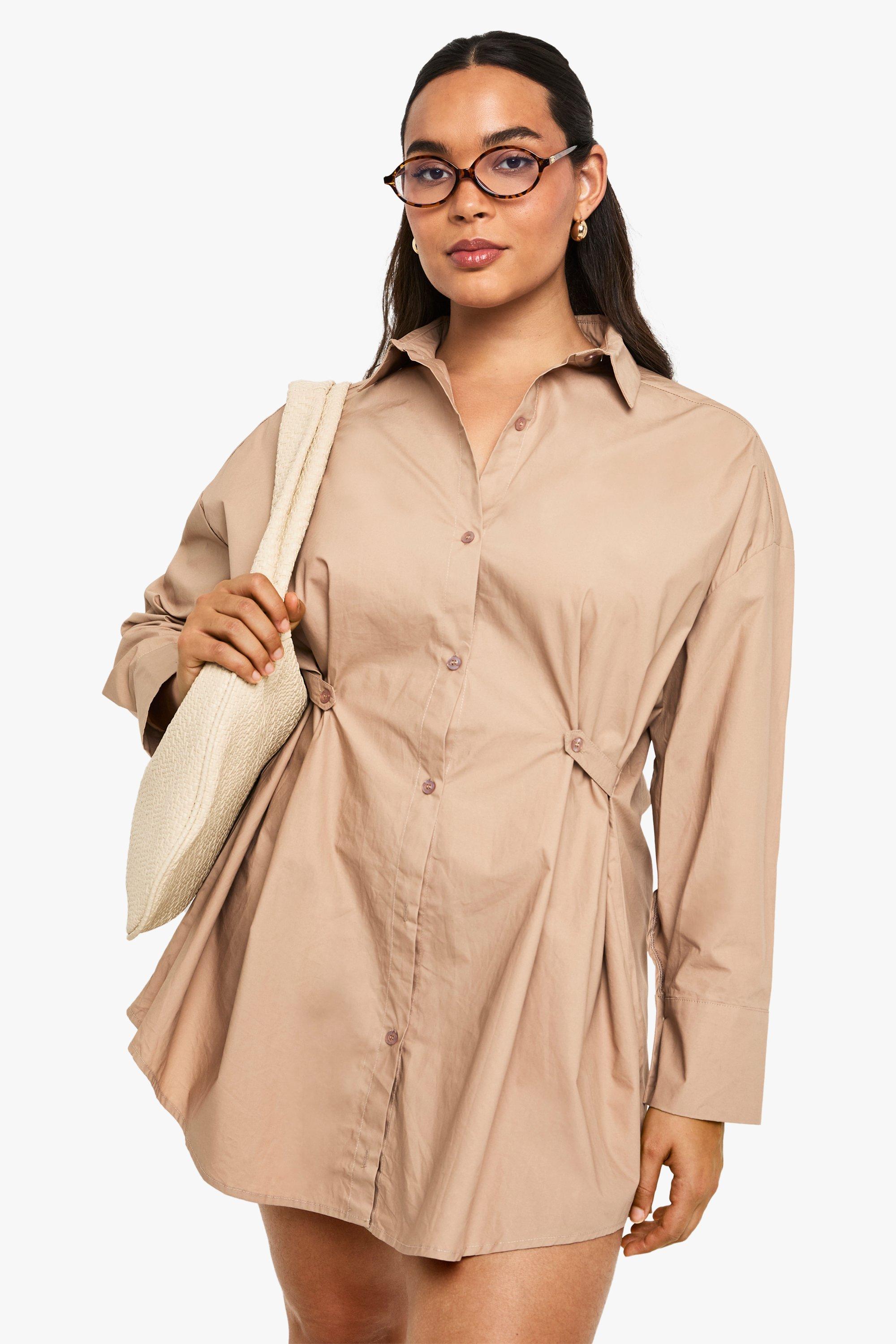Boohoo Plus Poplin Cinched Button Detail Shirt Dress, Camel
