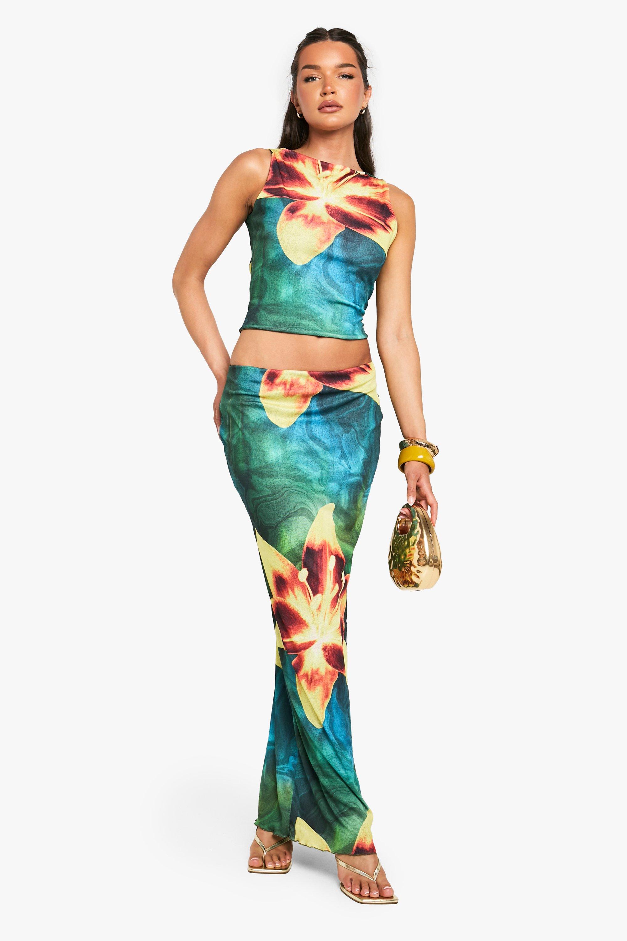 Boohoo Mesh Bloemenprint Maxi Rok Met Print, Green