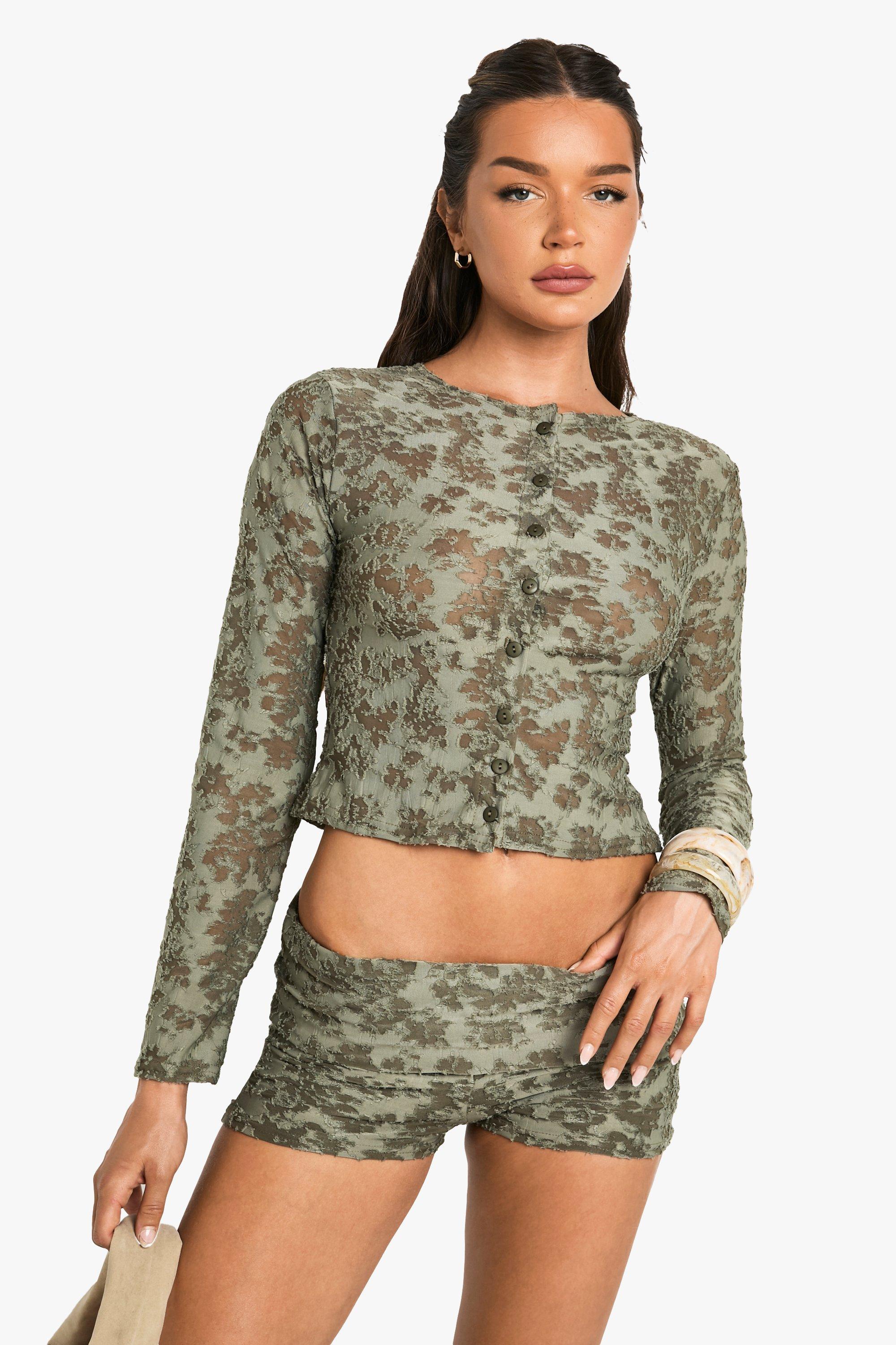 Womens Floral Jacquard Button Through Long Sleeve Top - Green - 10, Green