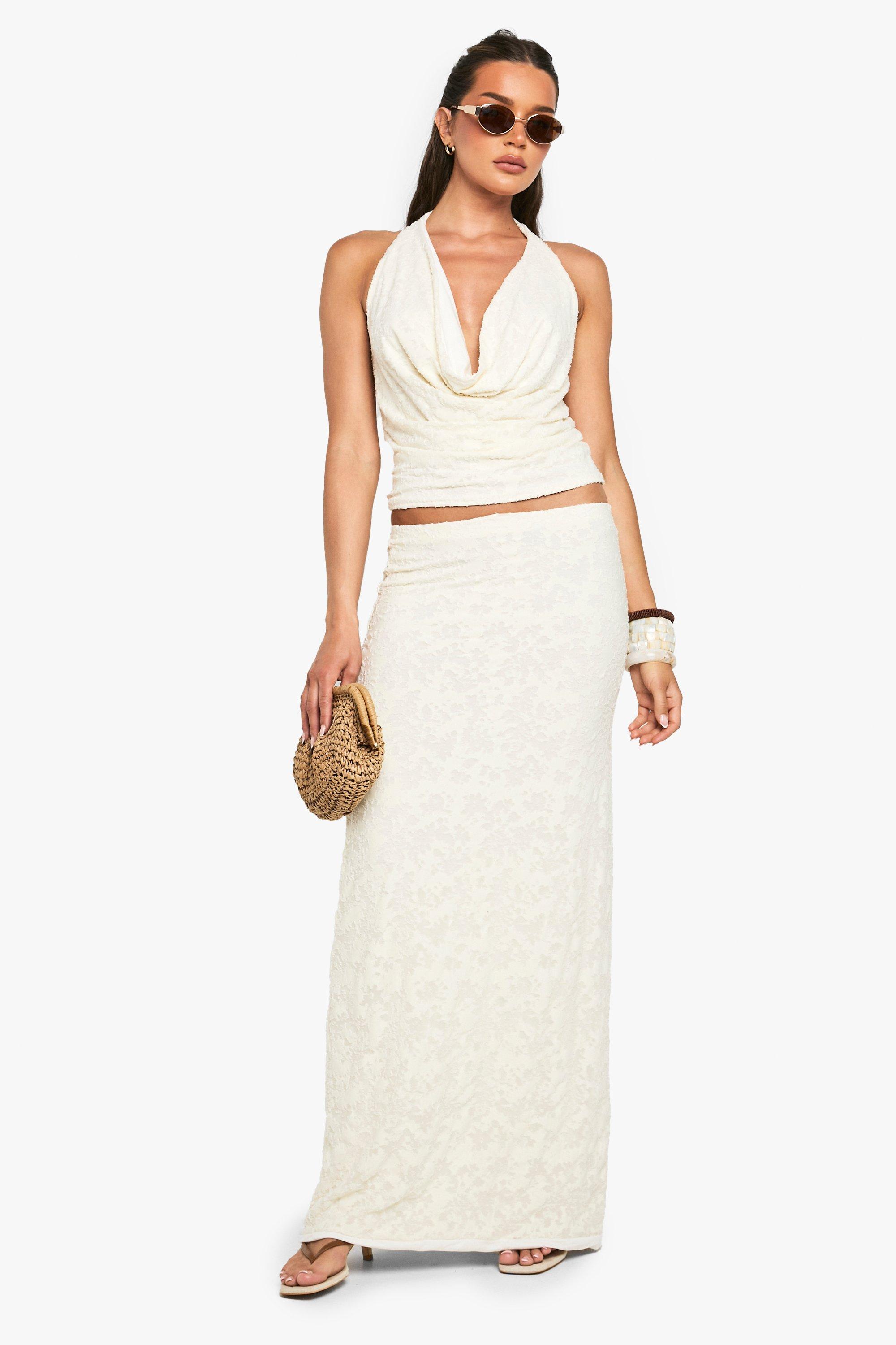 Boohoo Jaquard Bloemen Maxi Rok, Cream