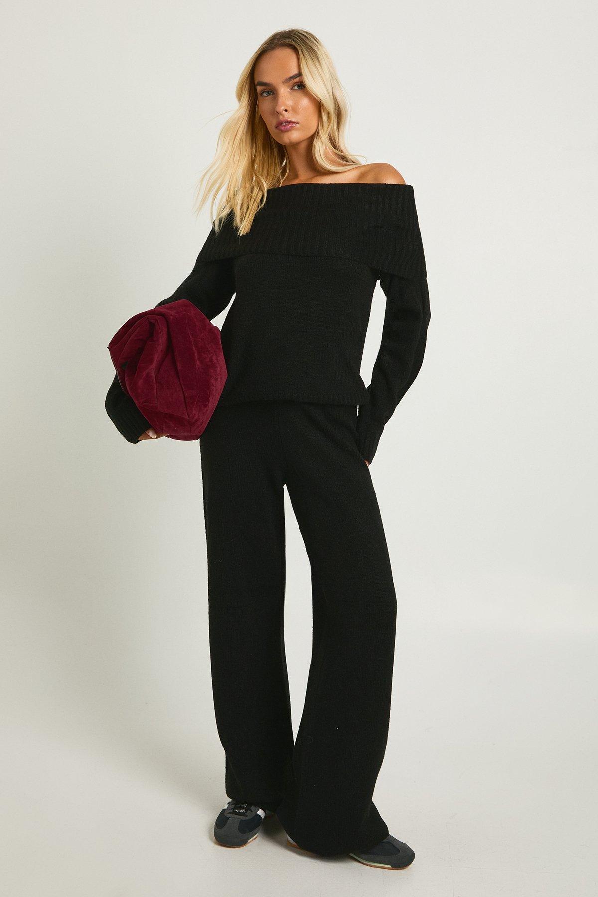 Image of Chunky Knitted Bardot Jumper and Straight Leg Trouser Co-Ord, Nero