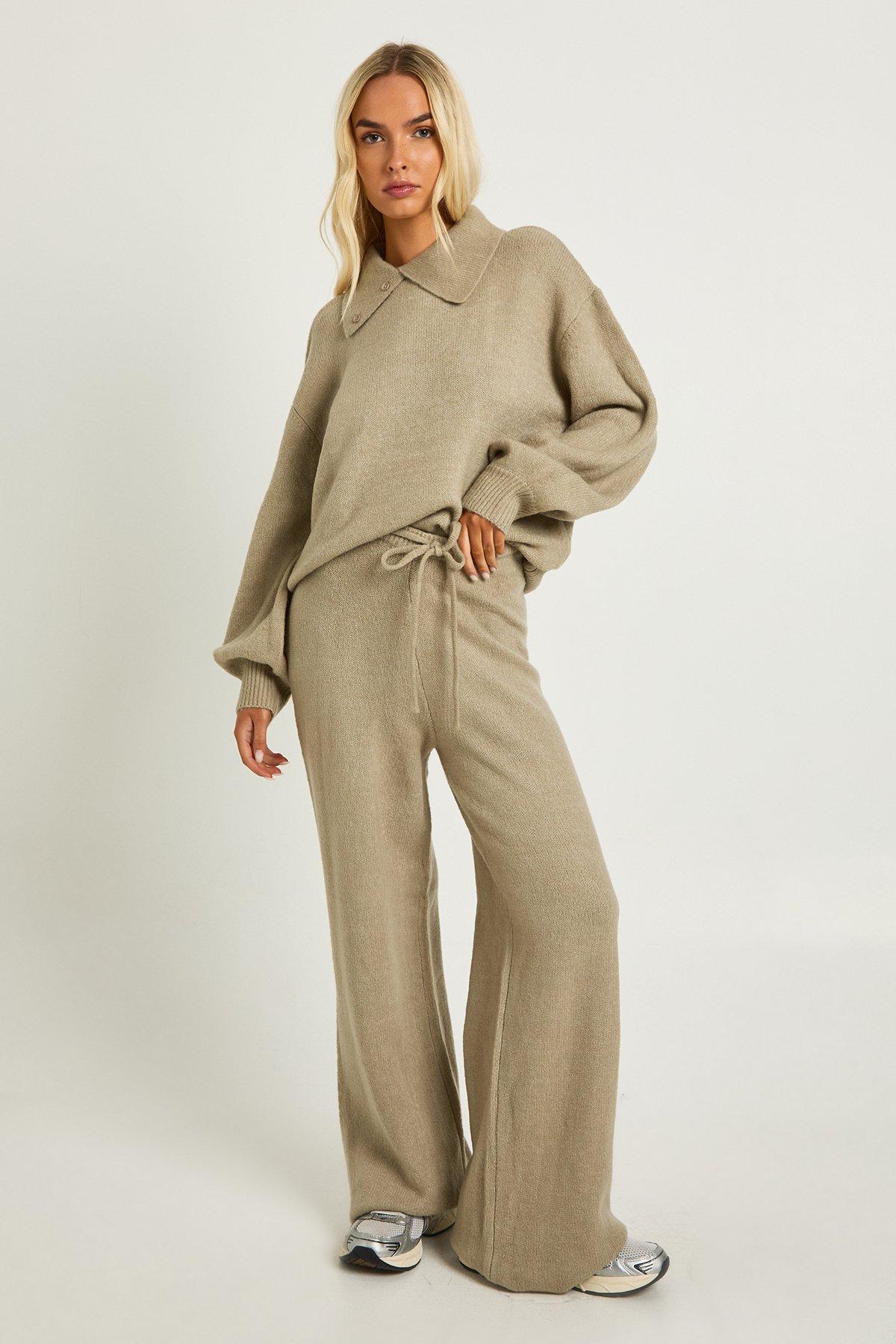 Image of Chunky Knit Collar Detail Oversized Knitted Jumper and Wide Leg Trouser Co-Ord, Beige