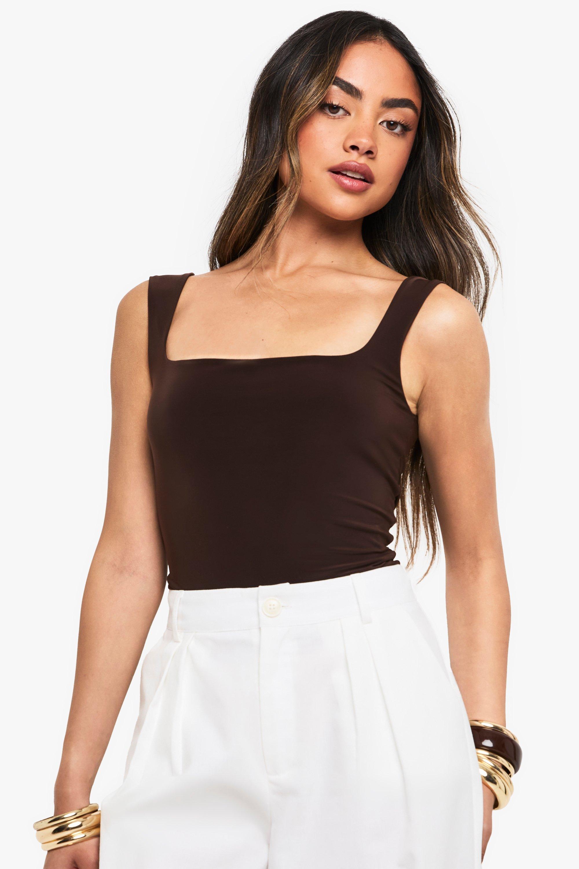Boohoo Strakke Crop Top Met Dubbele Lagen En Vierkante Hals, Chocolate