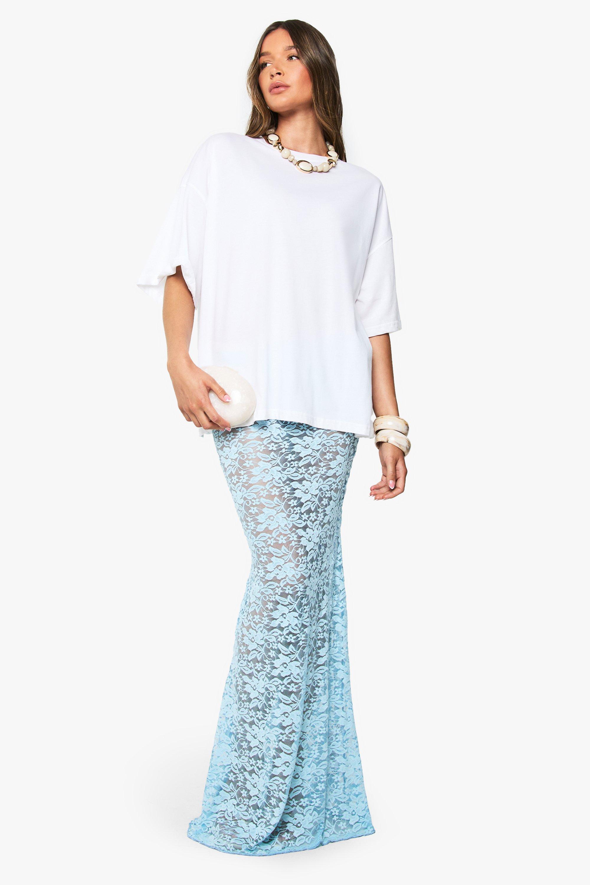 Boohoo Kanten Maxi Rok, Light Blue
