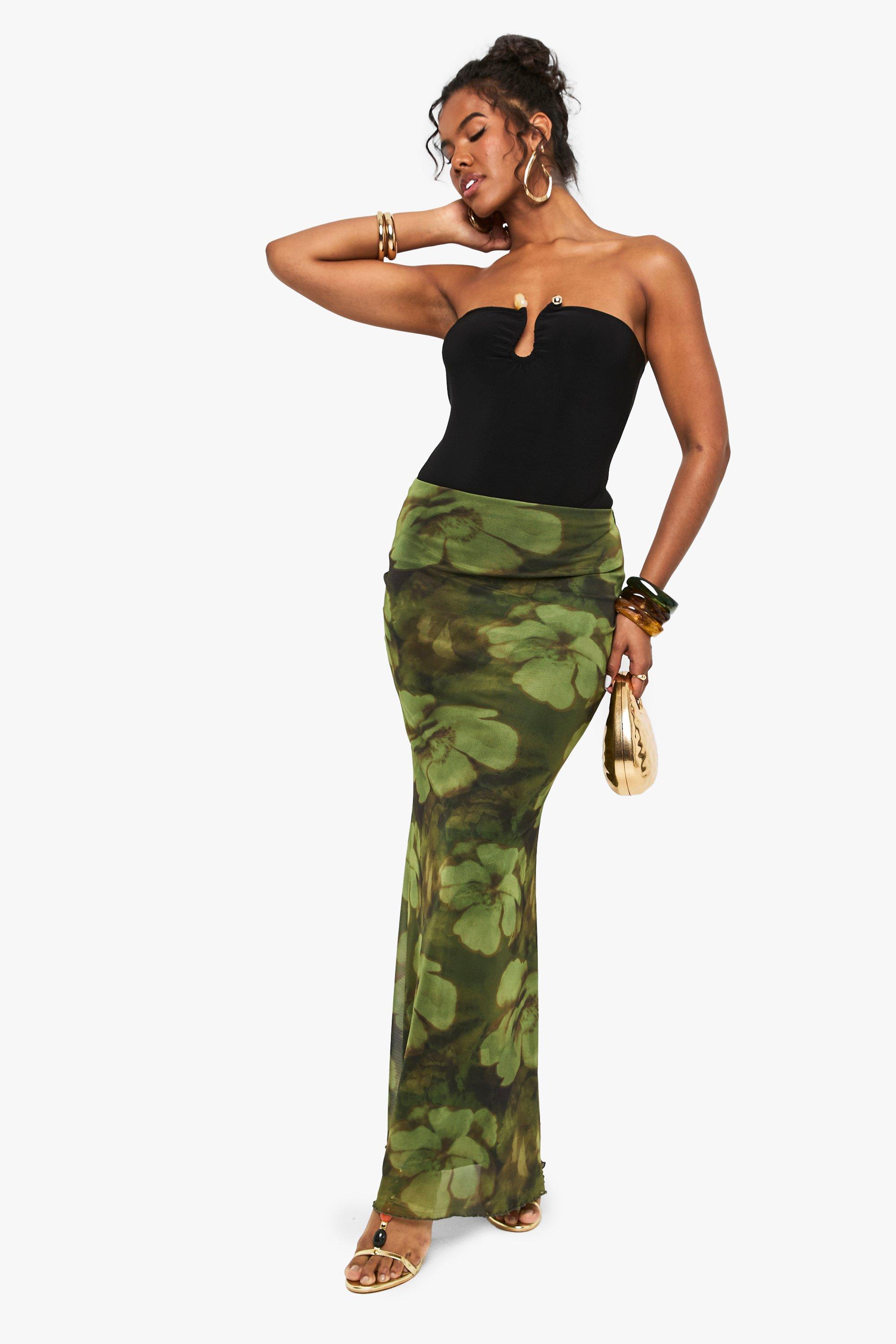 Boohoo Mesh Bloemenprint Maxi Rok Met Print, Green