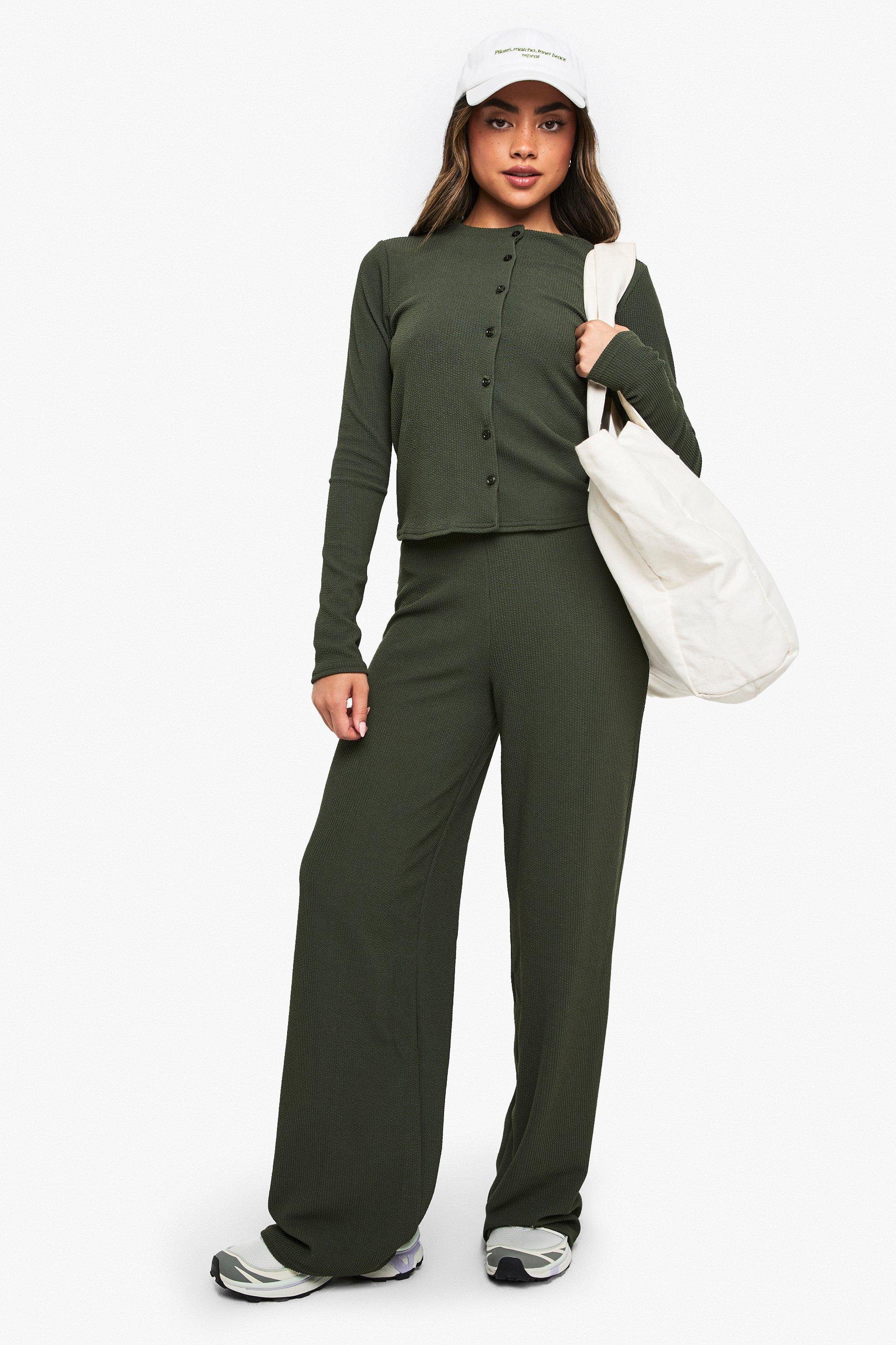 Image of Cardigan a coste & pantaloni a gamba ampia coordinati, Verde