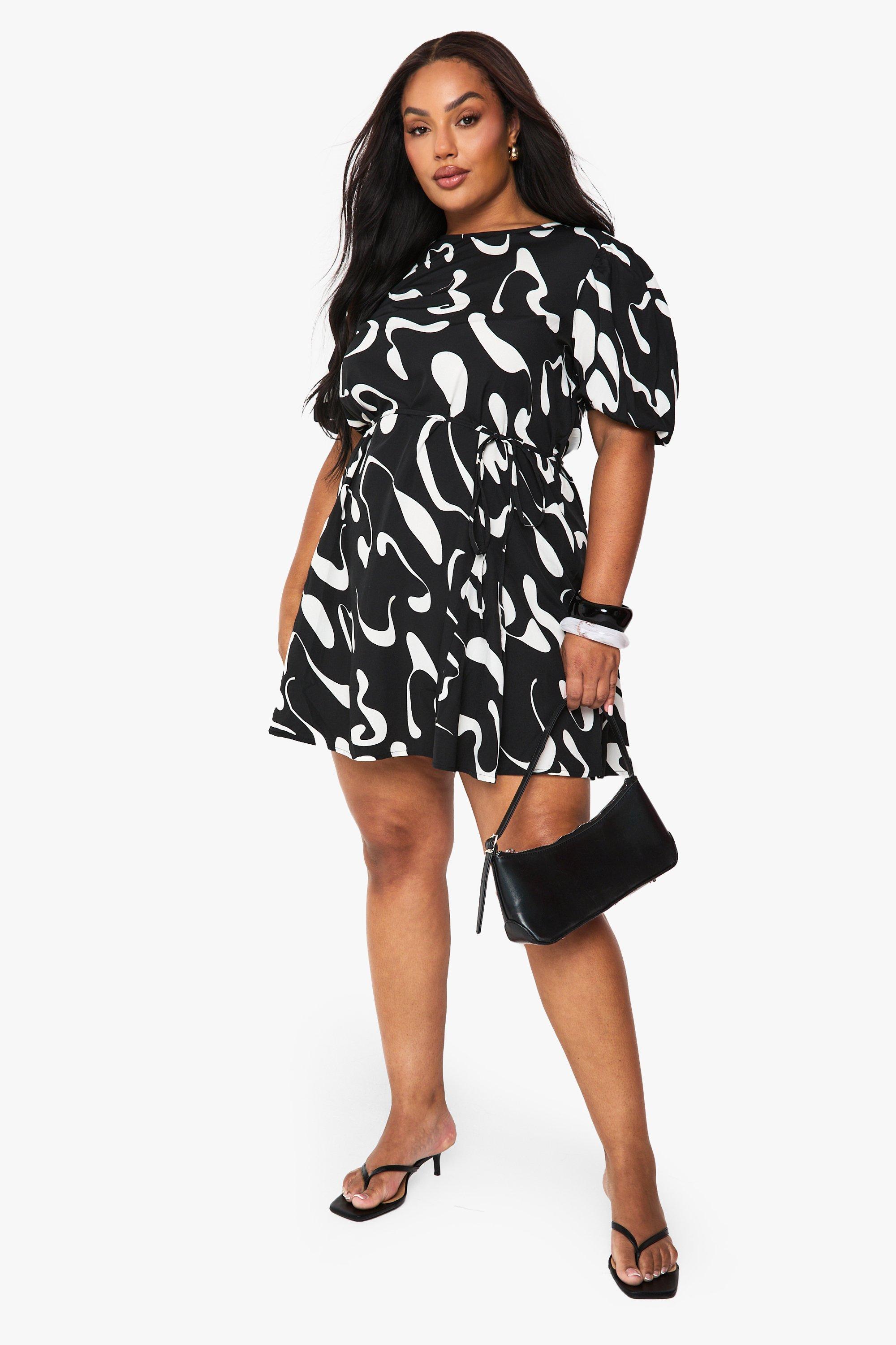 Boohoo Plus Abstract Puff Sleeve Skater Dress, Black