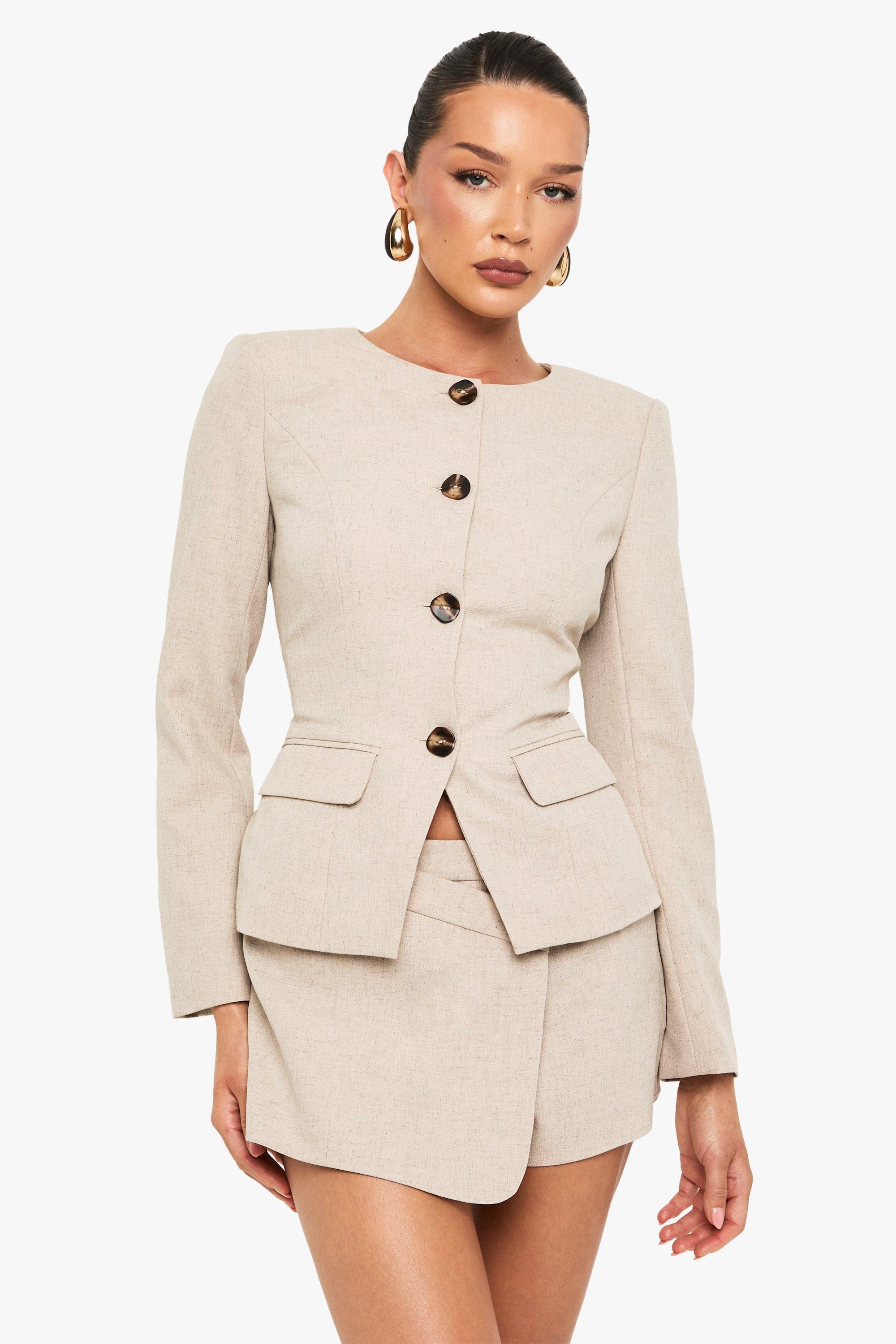 Boohoo Kraagloze Blazer Met Harsen Knopen, Beige