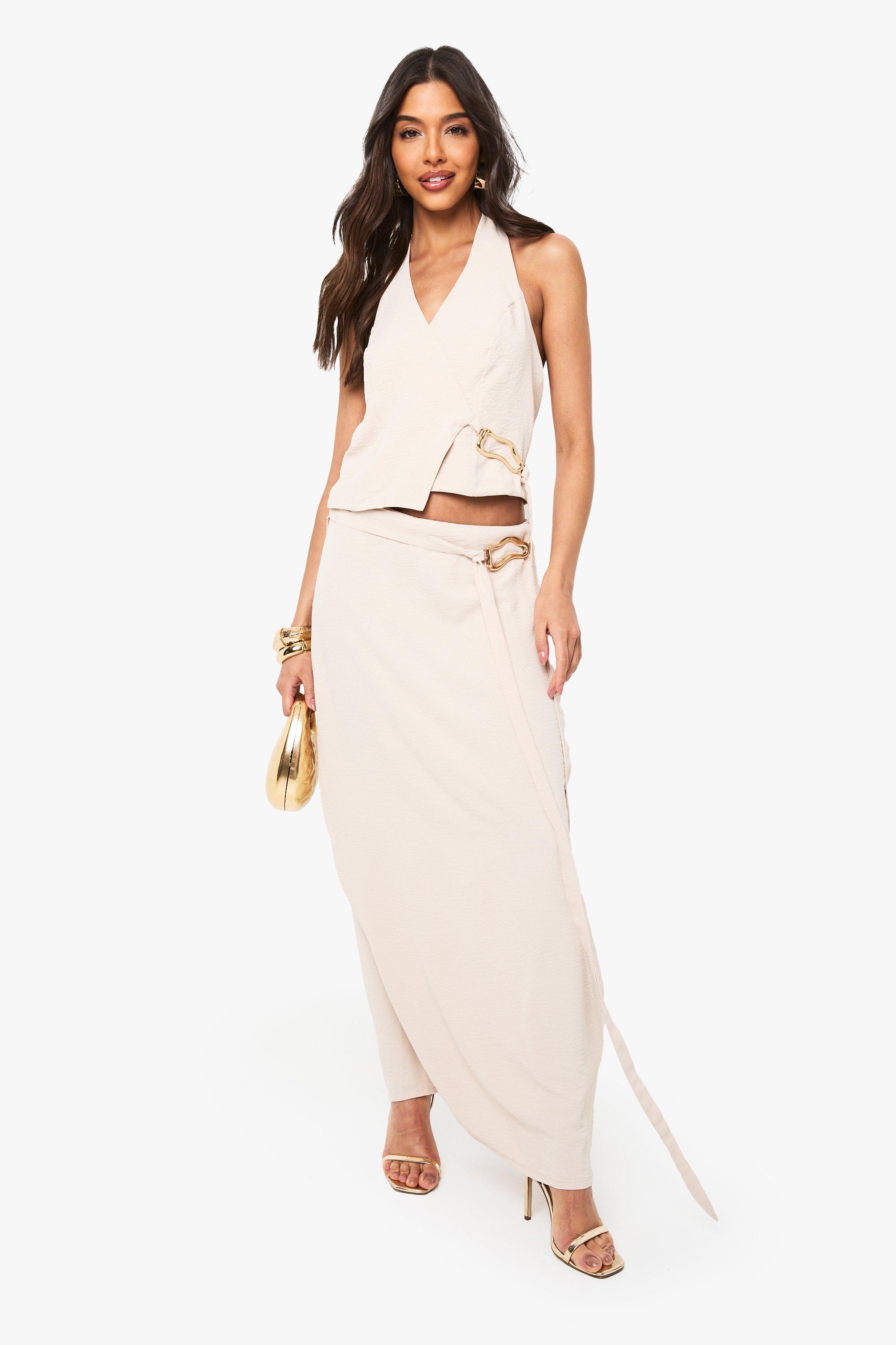 Boohoo Gold Buckle Tie Detail Maxi Skirt, Stone