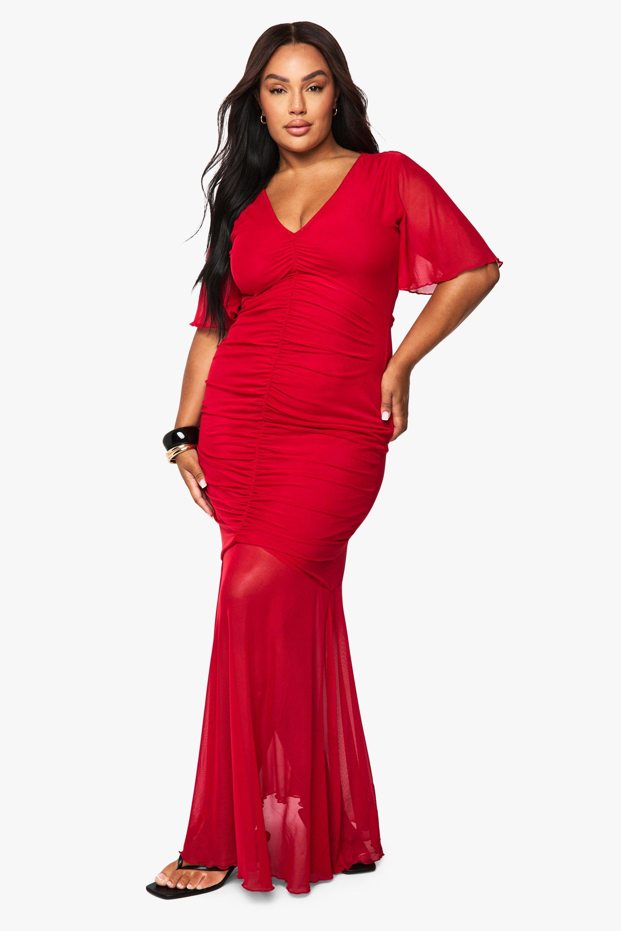 Boohoo Plus Mesh Ruched Angel Sleeve Maxi Dress, Red