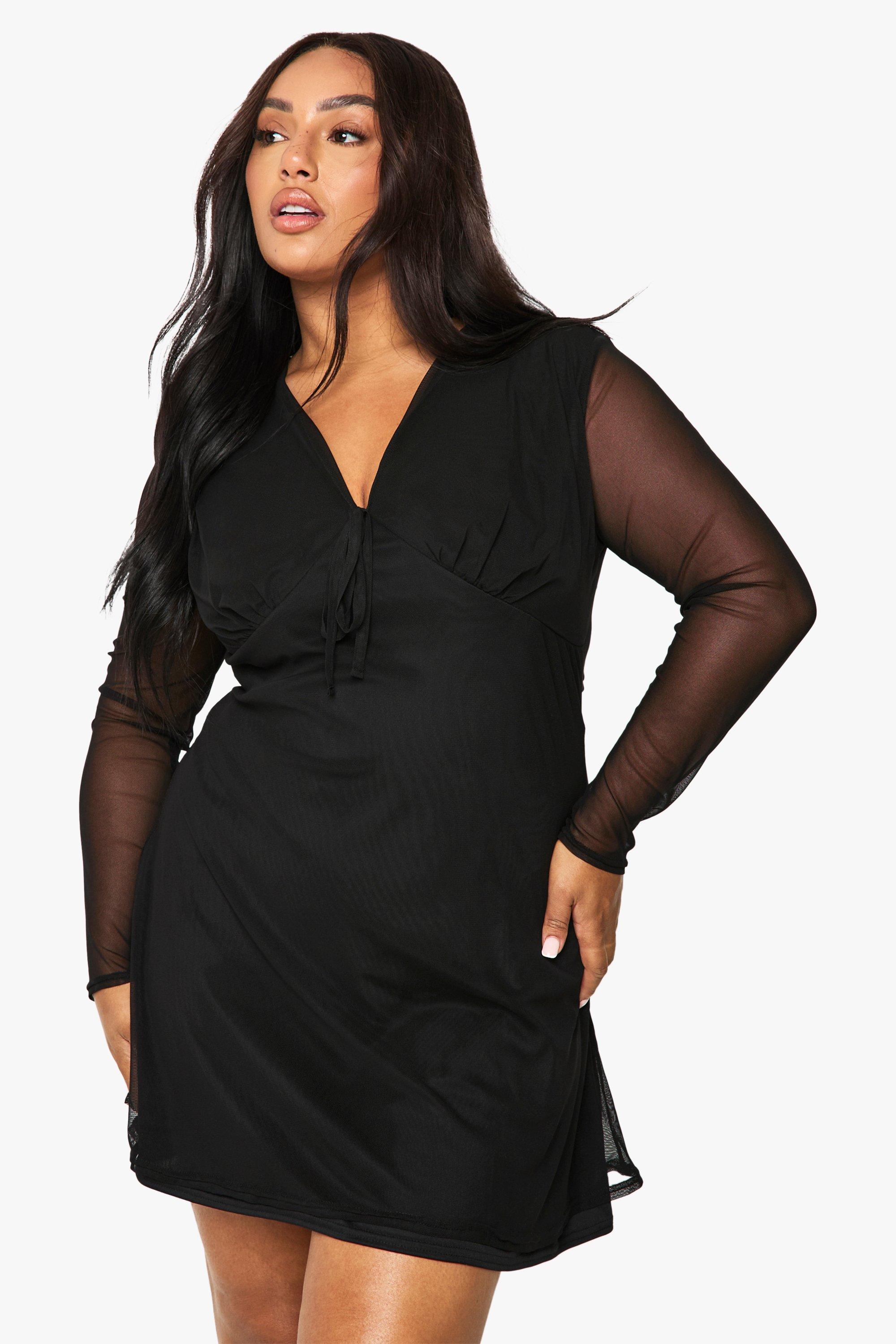 Boohoo Plus Tie Bust Mesh Skater Dress, Black