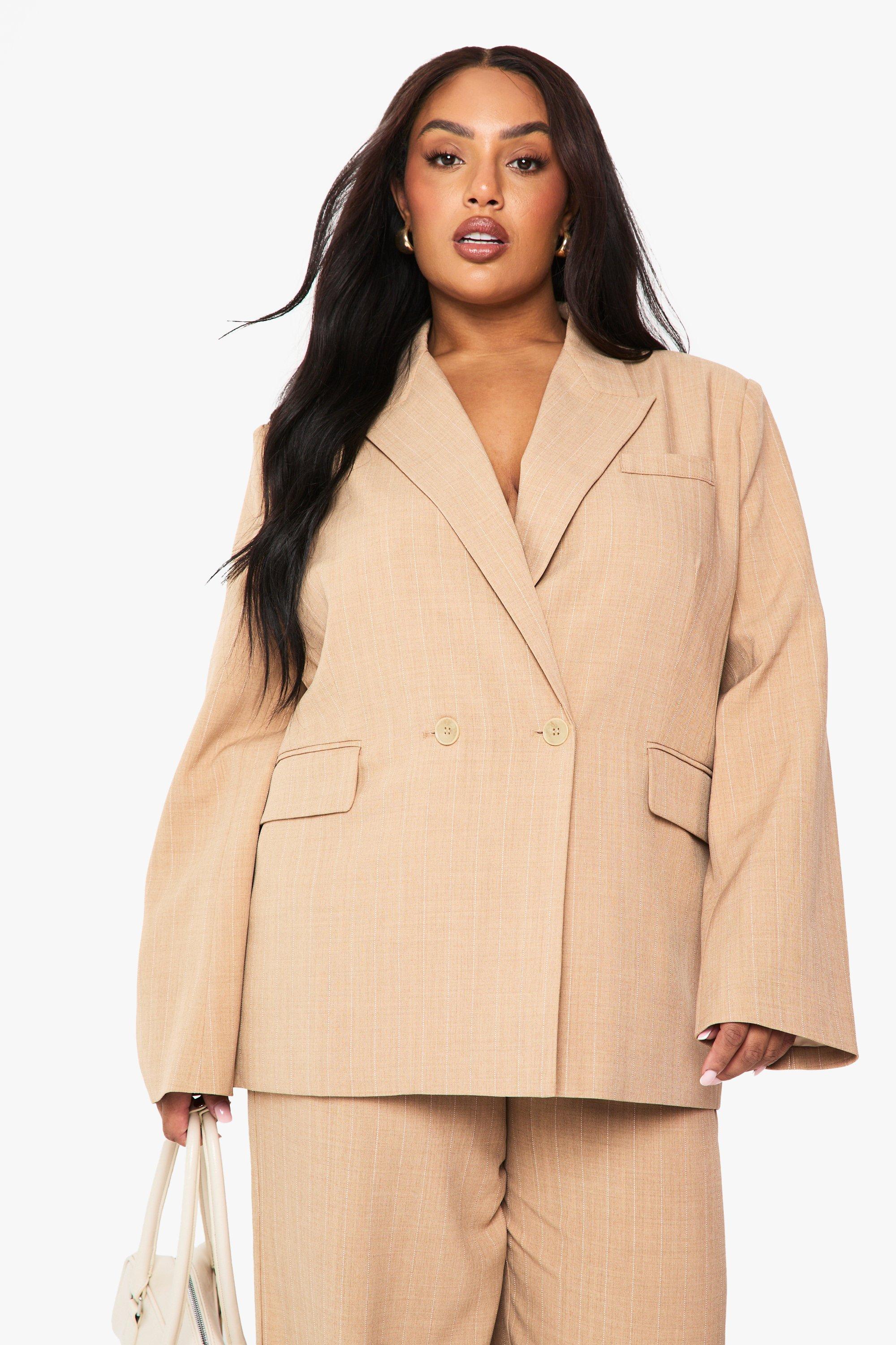 Boohoo Plus Pin Stripe Boyfriend Blazer, Stone