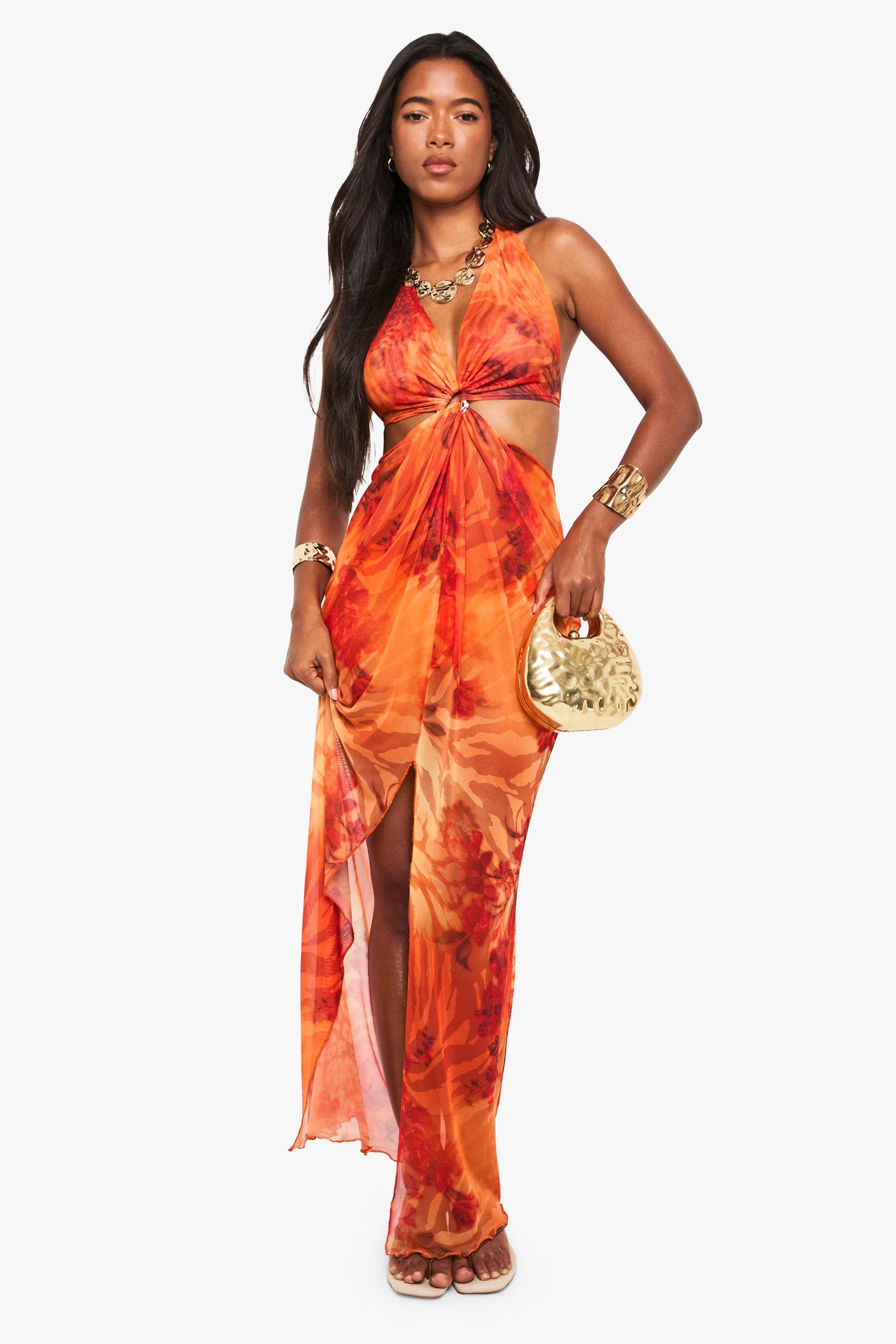 Boohoo Abstracte Dierenprint Maxi Strand Jurk Met Uitsnijding, Orange