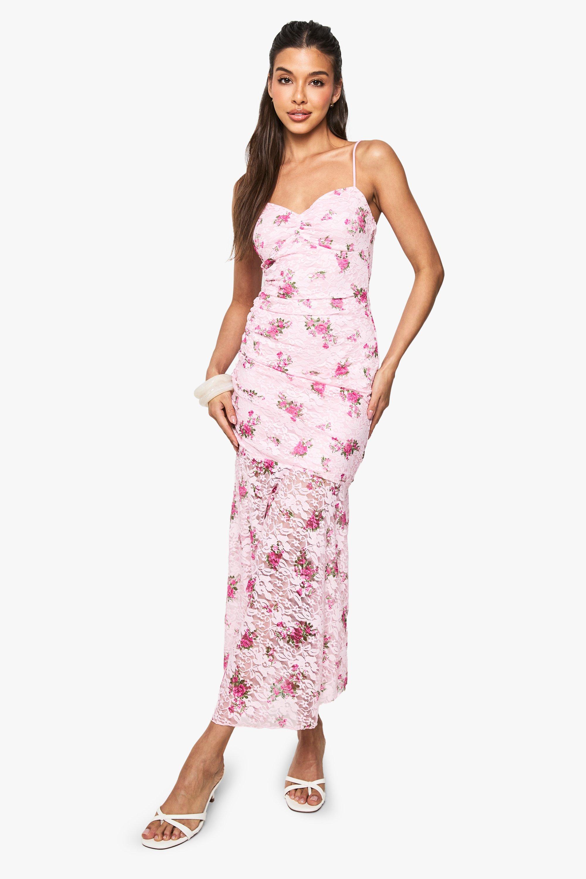 Boohoo Floral Printed Lace Maxi Dress, Pink