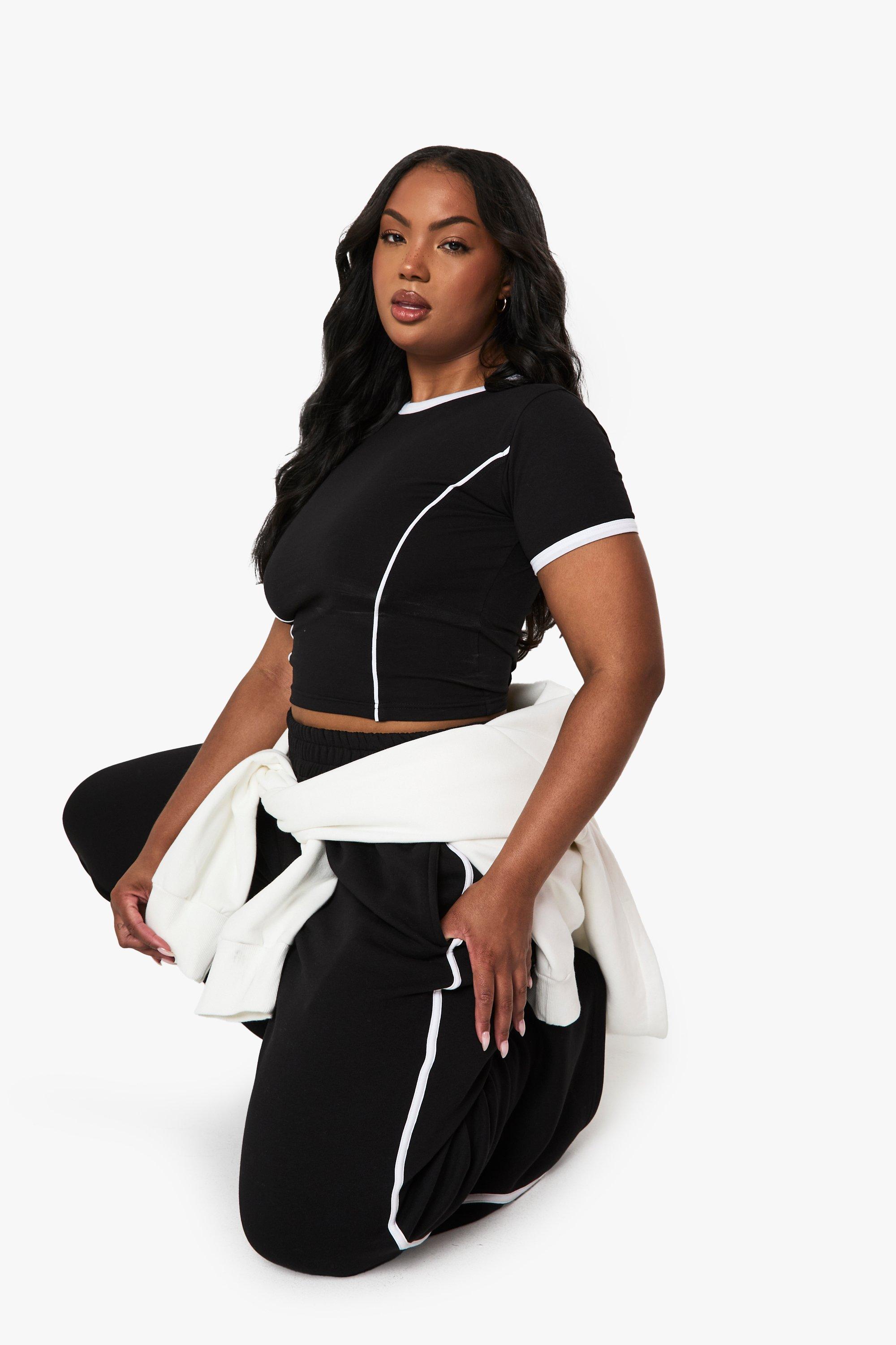 Image of Set Plus Size T-shirt con cordoncino & pantaloni tuta dritti, Nero