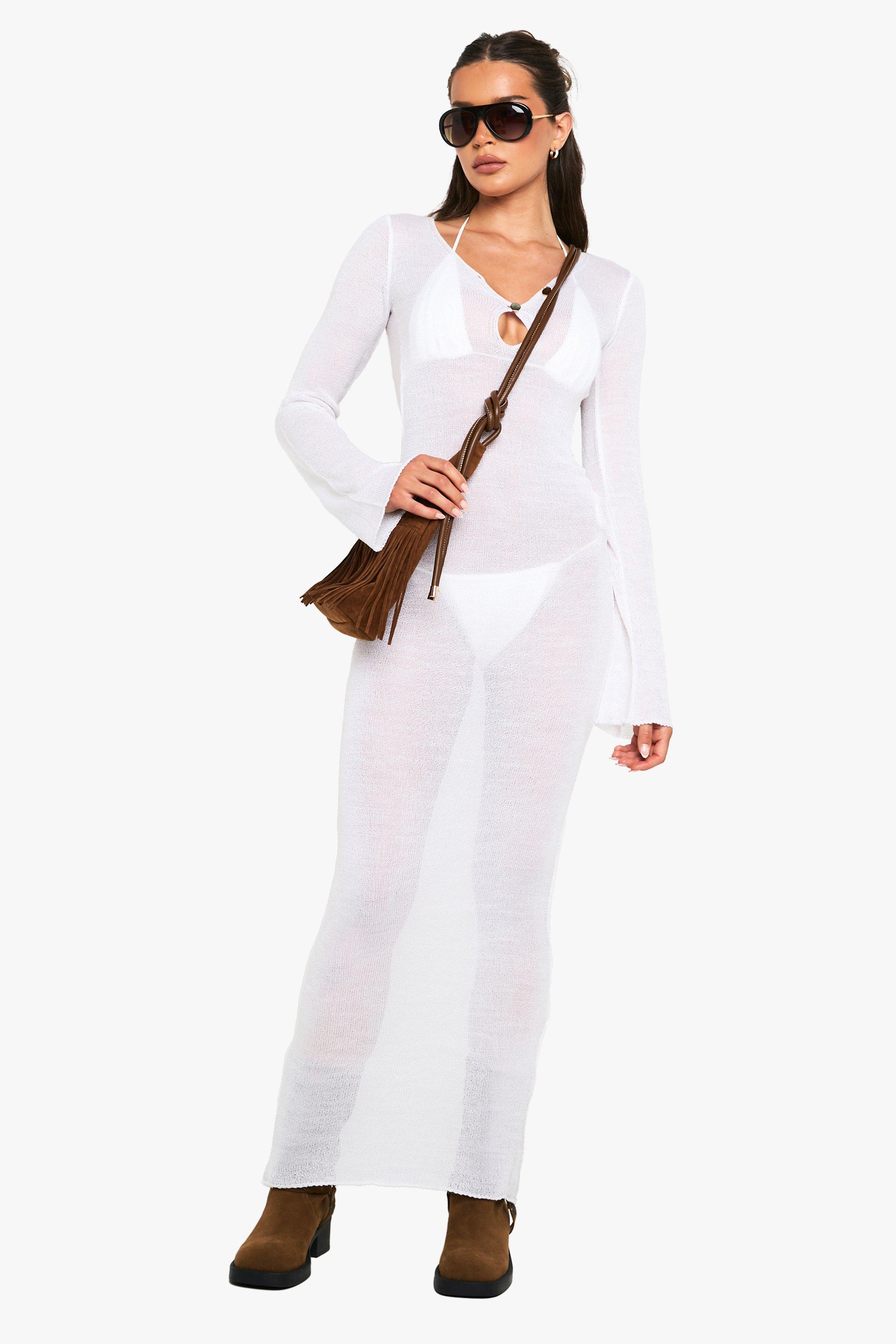 Boohoo Doorschijnende Gebreide Maxi Jurk Met Gouden Knoop Detail, Off White