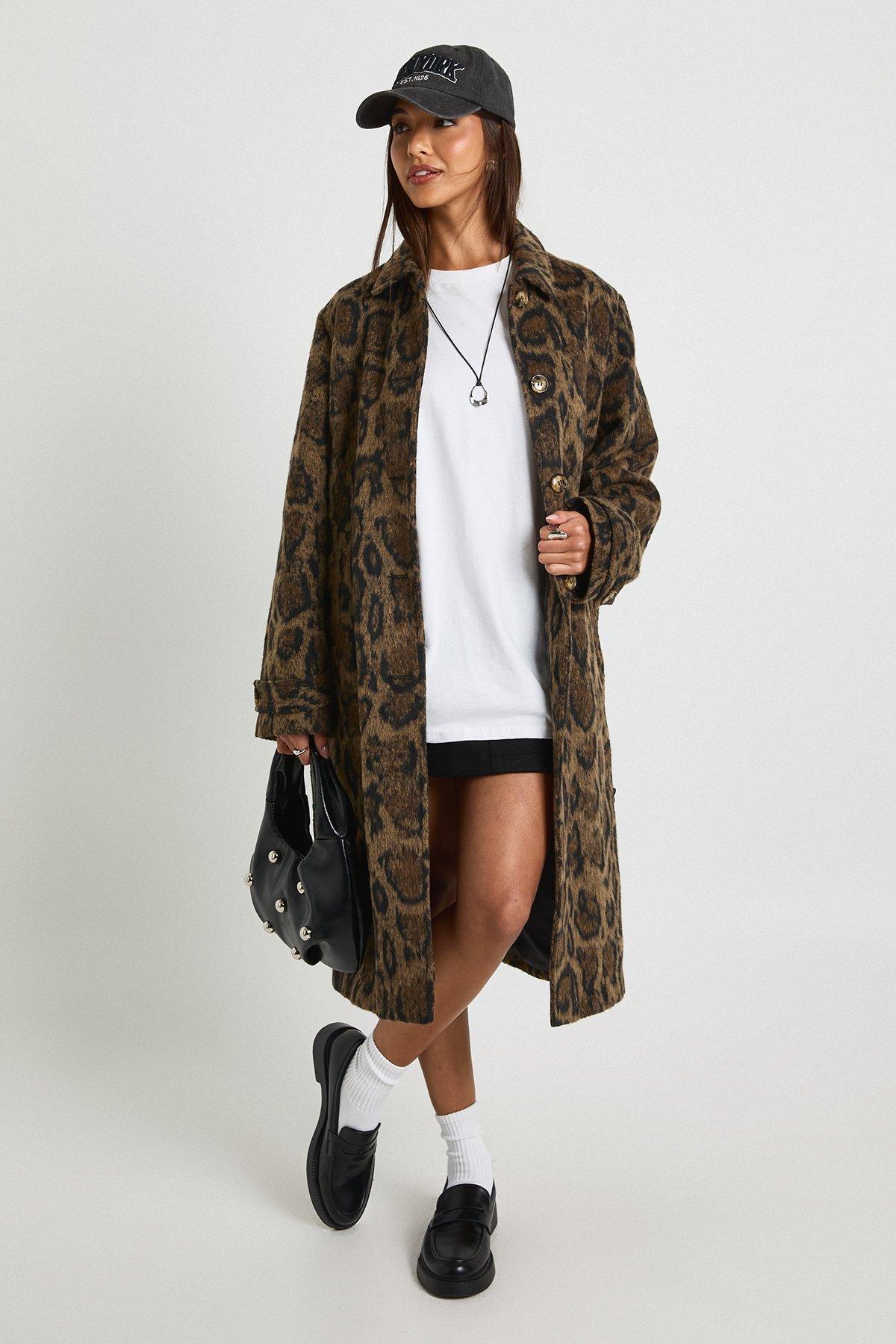 Image of Leopard Print Belted Wool Look Coat, Multi