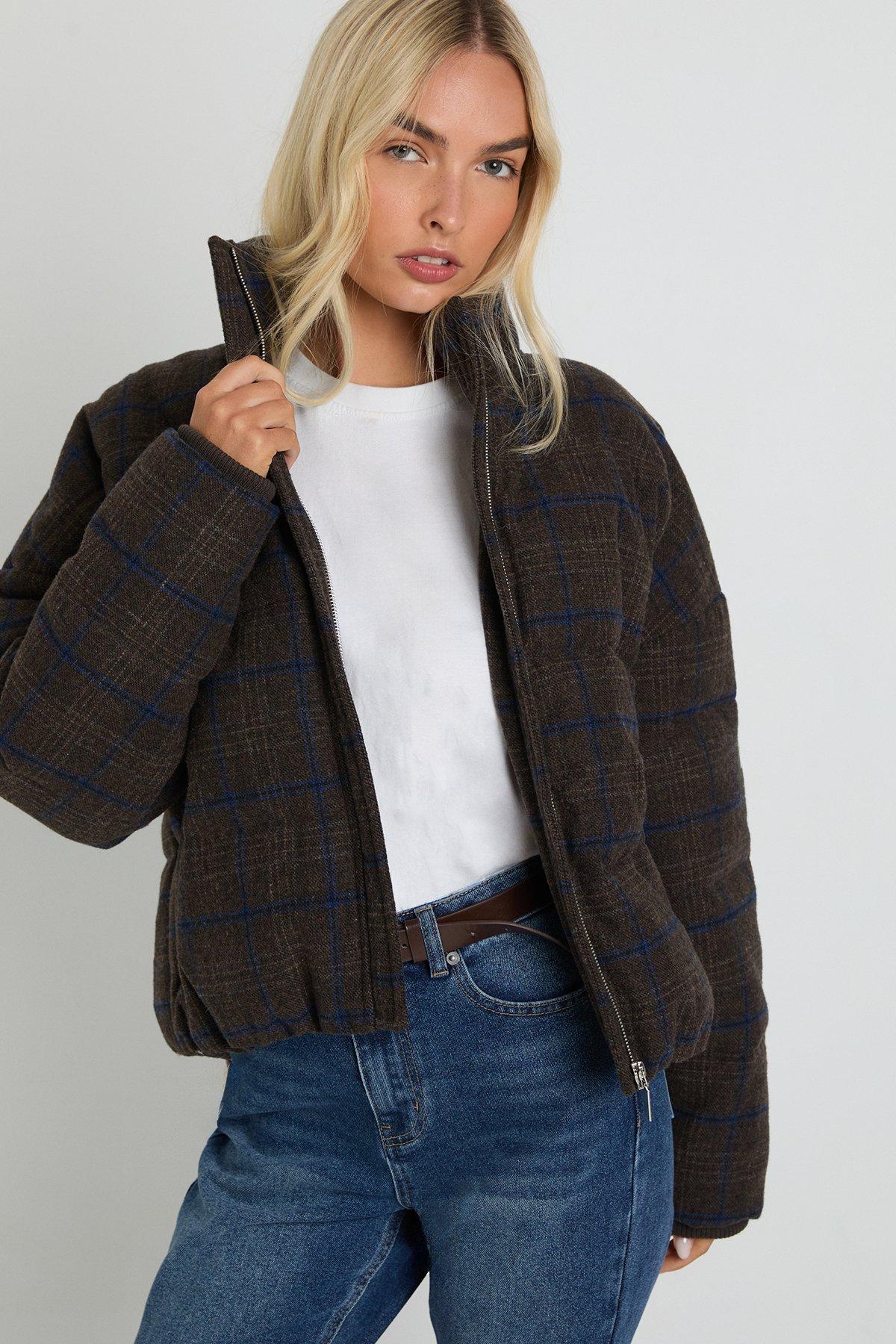 Image of Funnel Neck Check Puffer Jacket, Brown