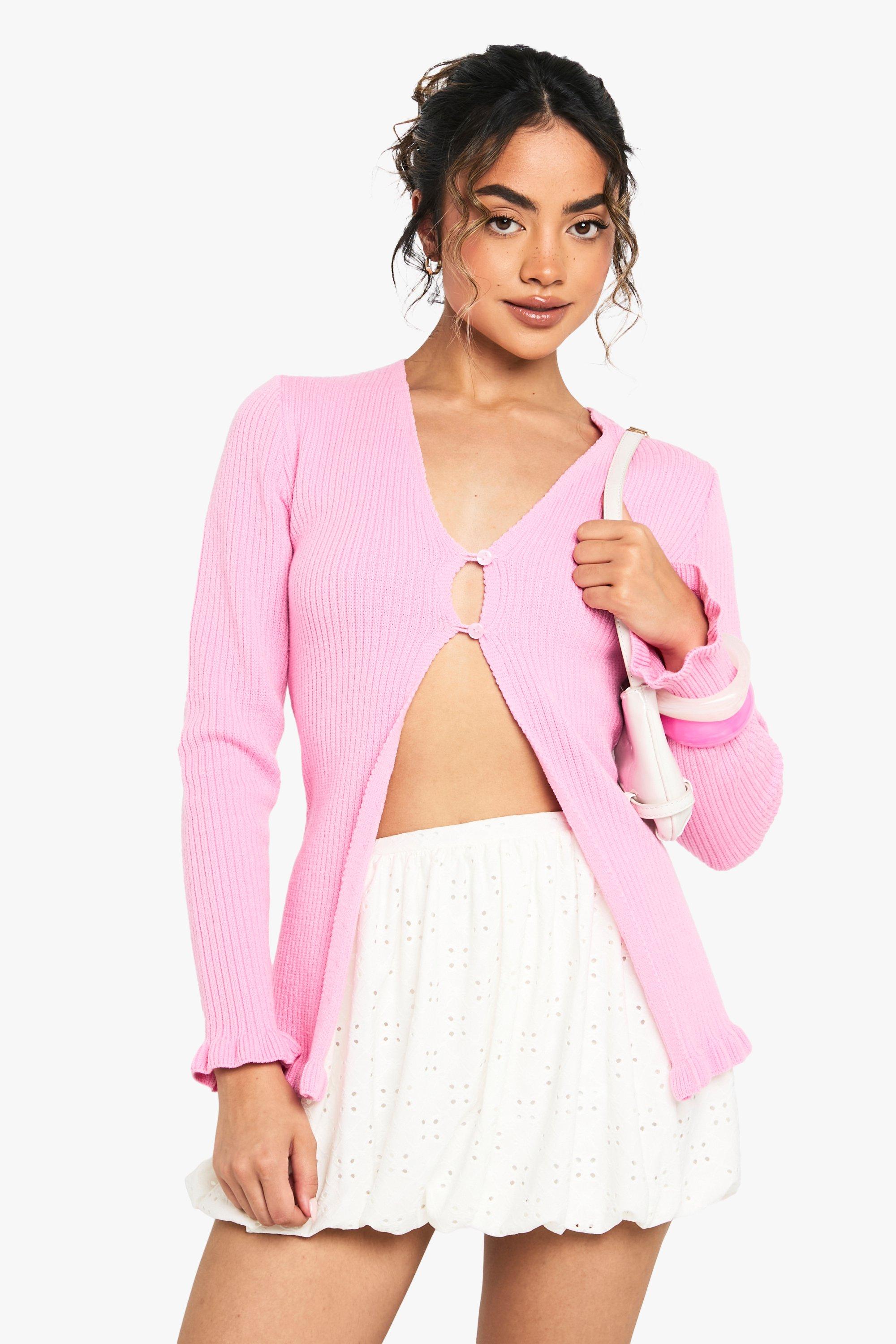 Boohoo Zachte Gebreide Cardigan Met Lettuce Edge En Knopen, Pink