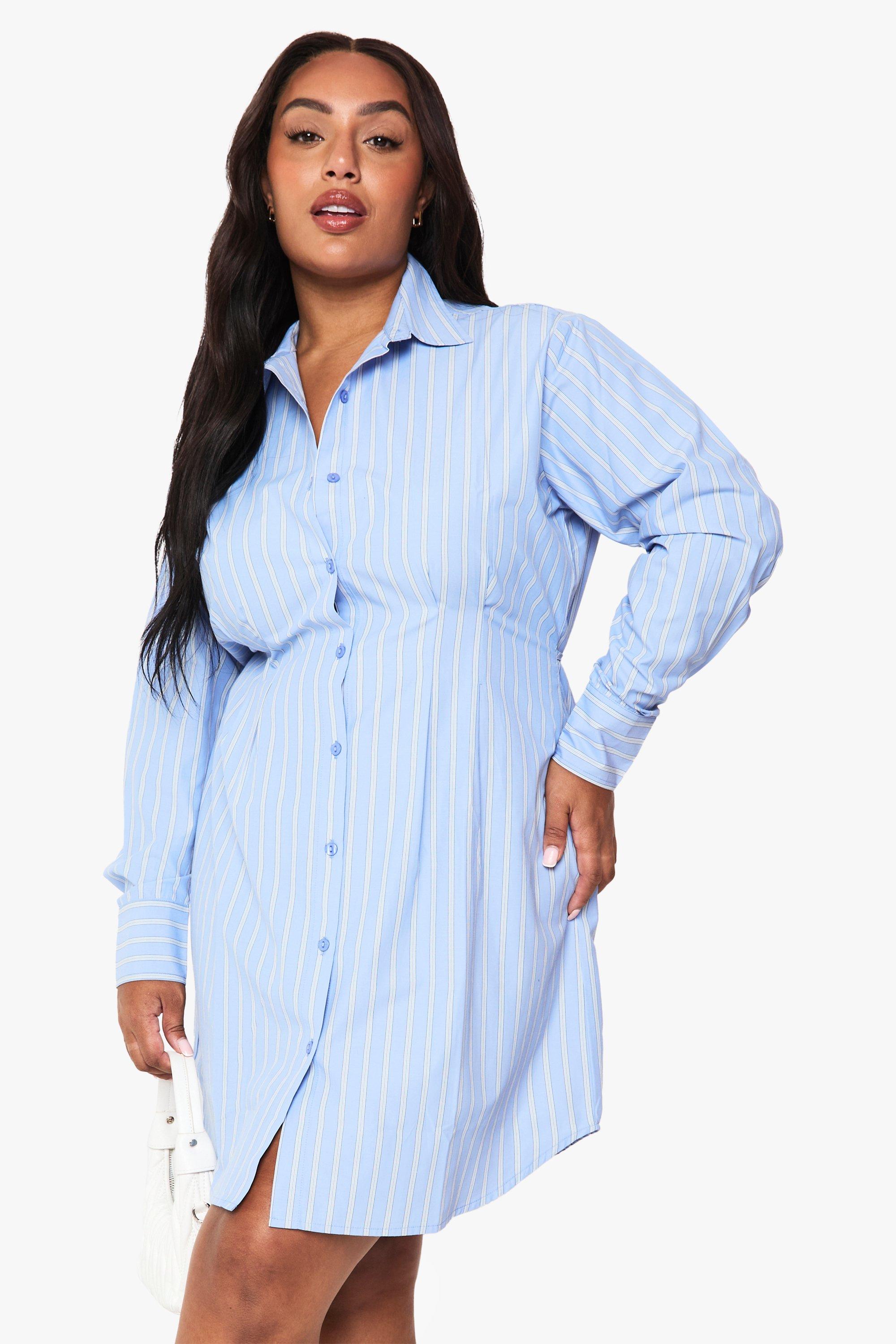 Boohoo Plus Poplin Stripe Cinched Shirt Dress, Blue