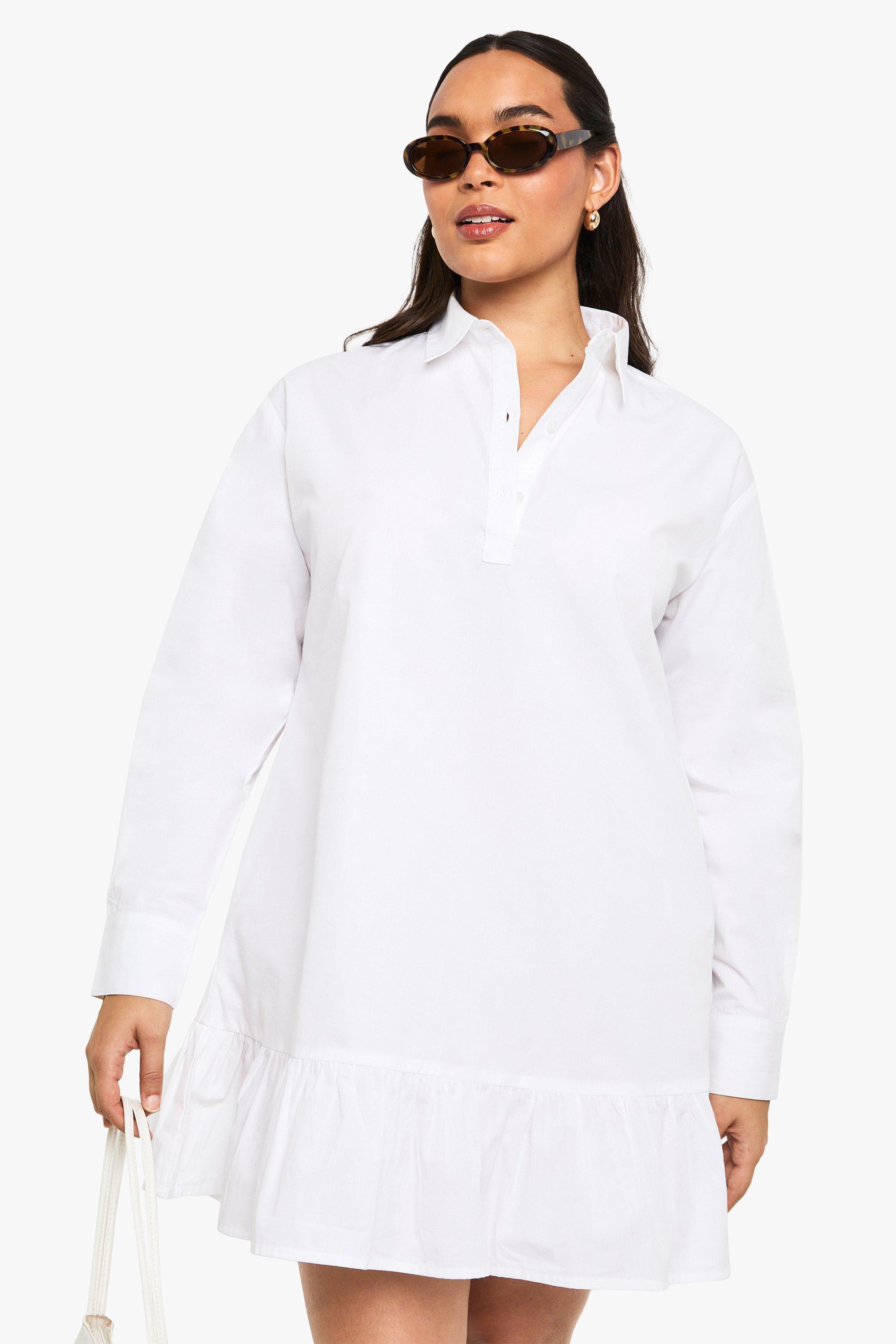 Boohoo Plus Poplin Drop Hem Shirt Dress, White