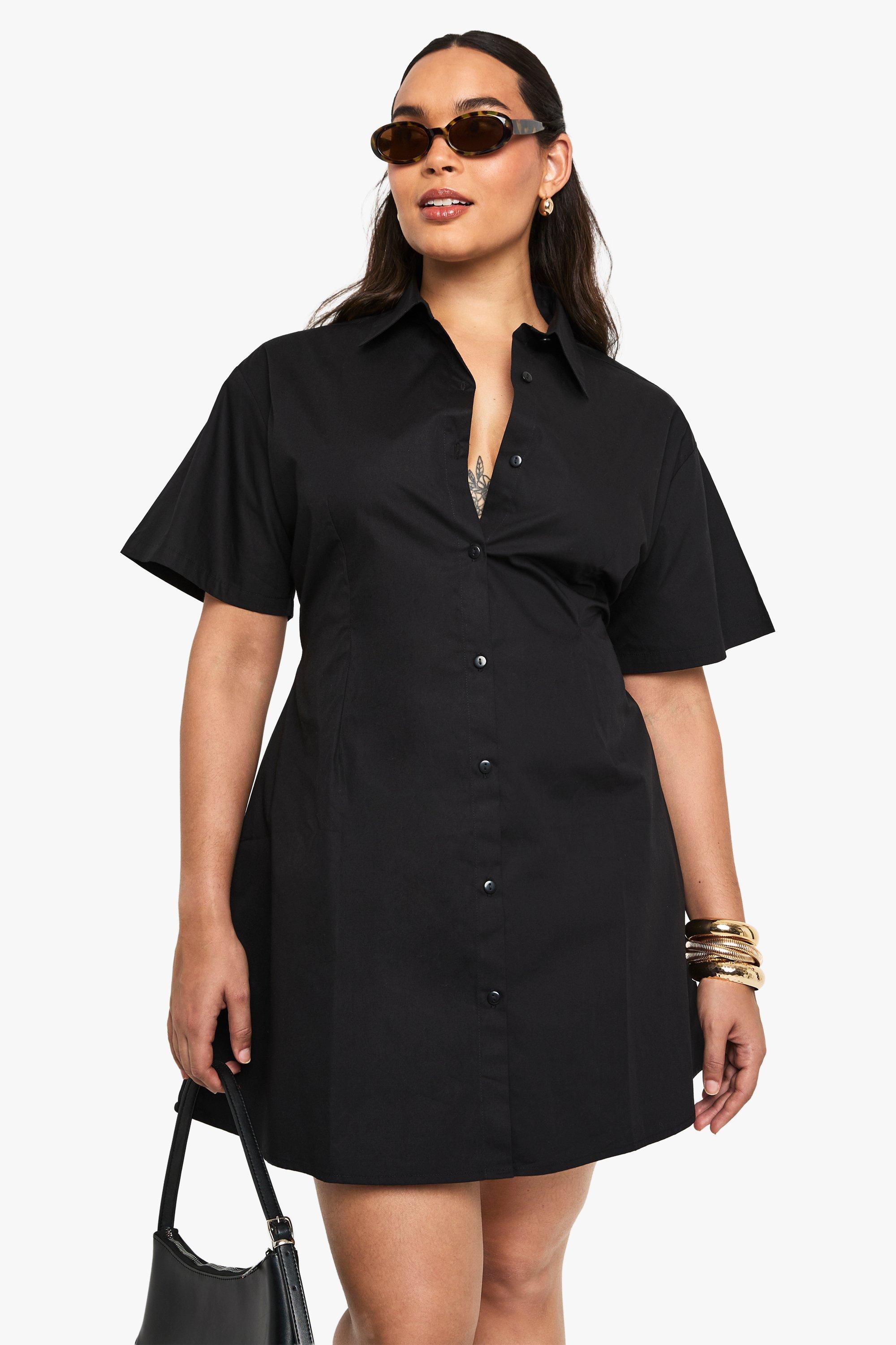 Boohoo Plus Poplin Cinched Shirt Dress, Black