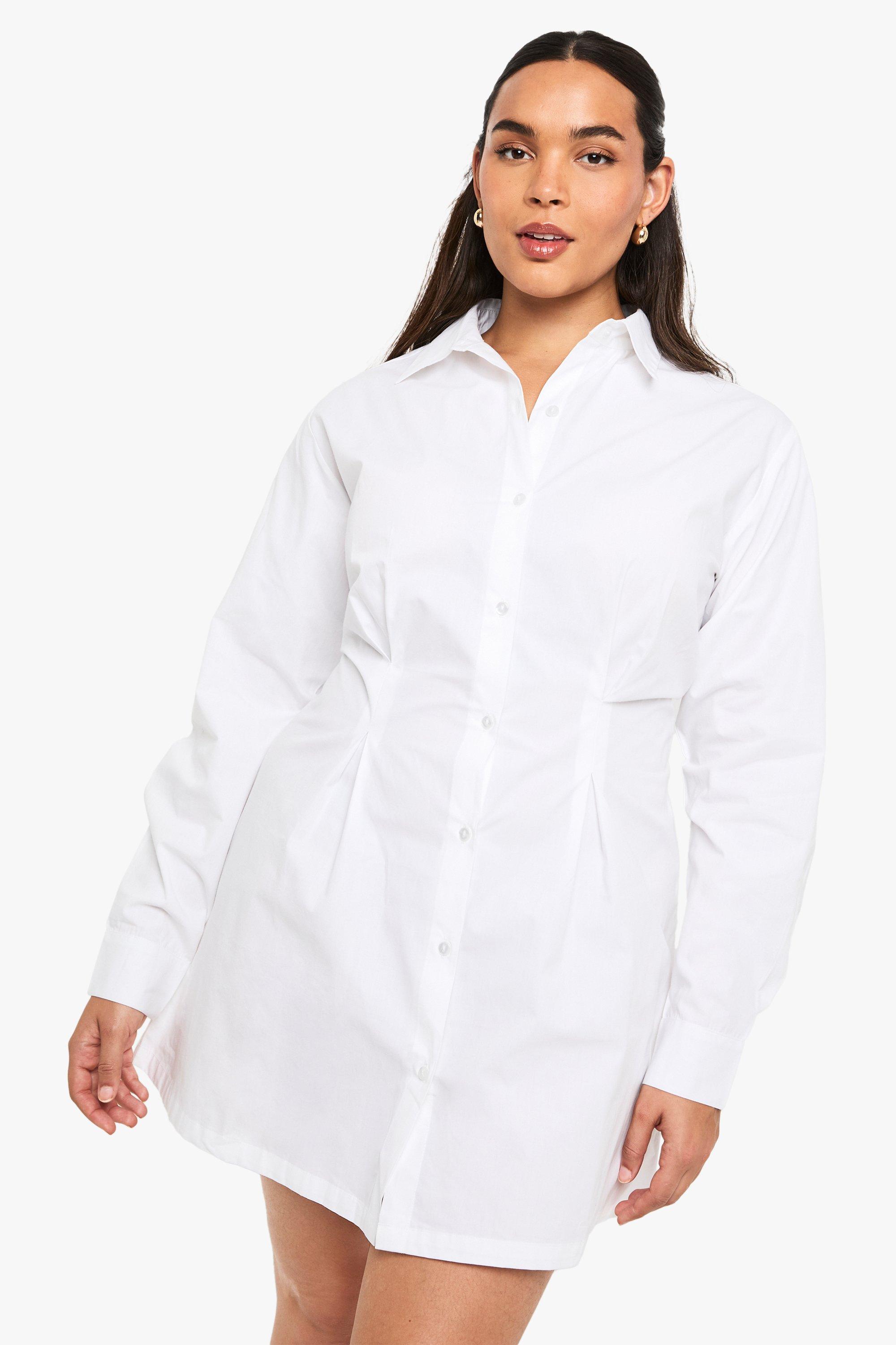Boohoo Plus Cinched Poplin Shirt Dress, White