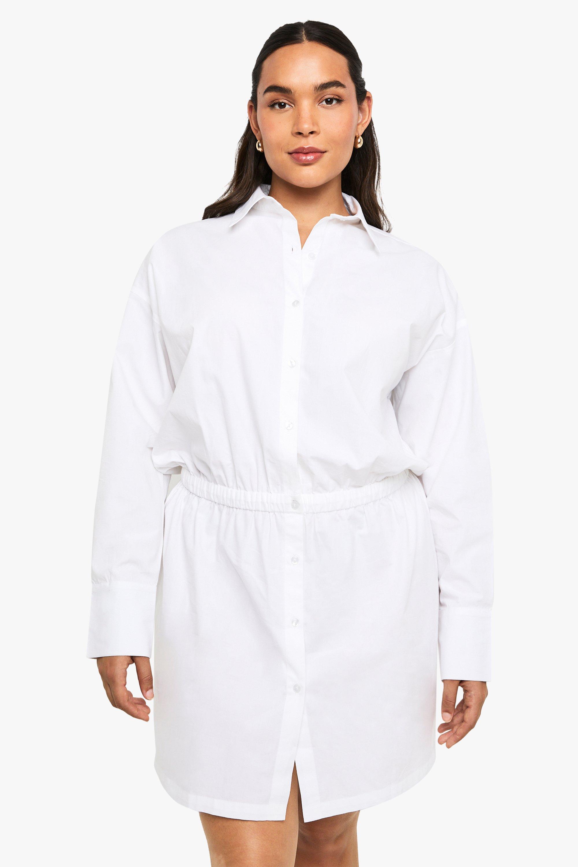 Boohoo Plus Poplin Ruched Shirt Dress, White
