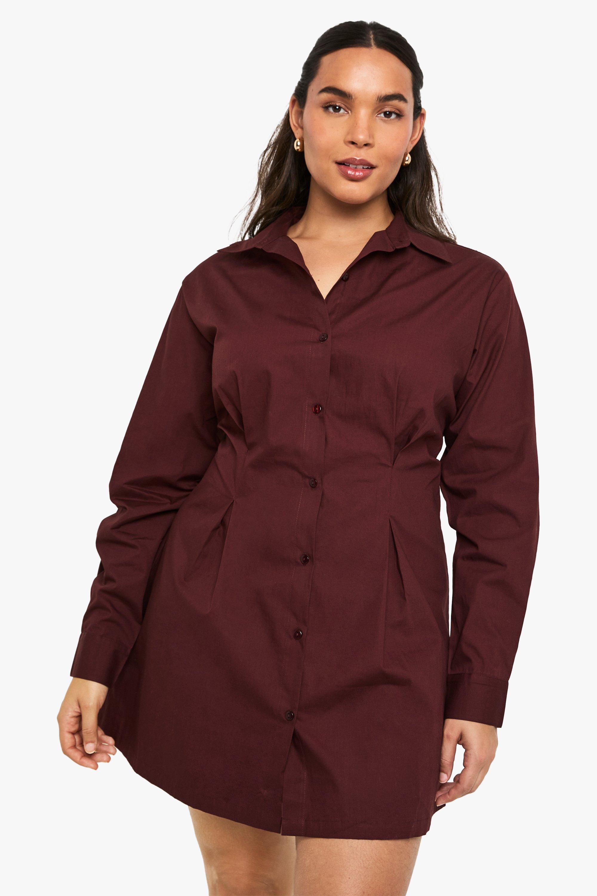 Boohoo Plus Cinched Poplin Shirt Dress, Chocolate
