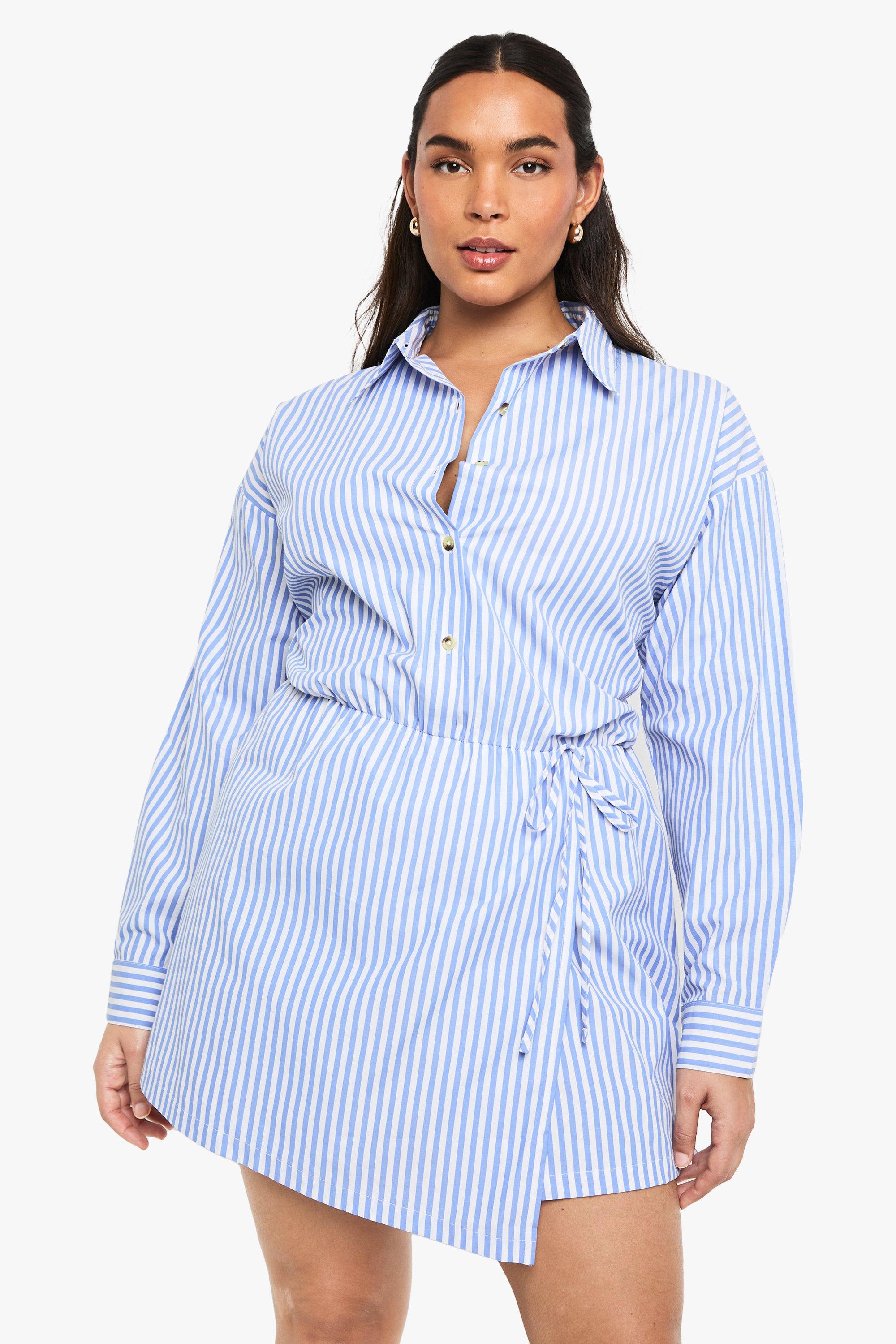 Boohoo Plus Stripe Wrap Shirt Dress, Blue