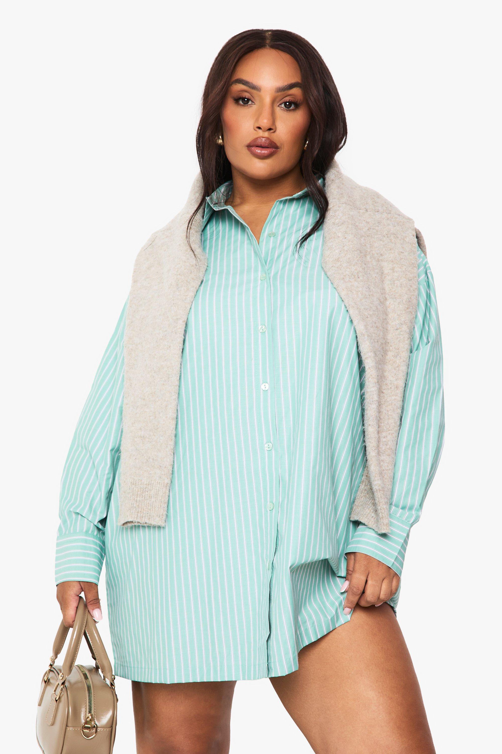 Boohoo Plus Stripe Poplin Oversized Shirt Dress, Green