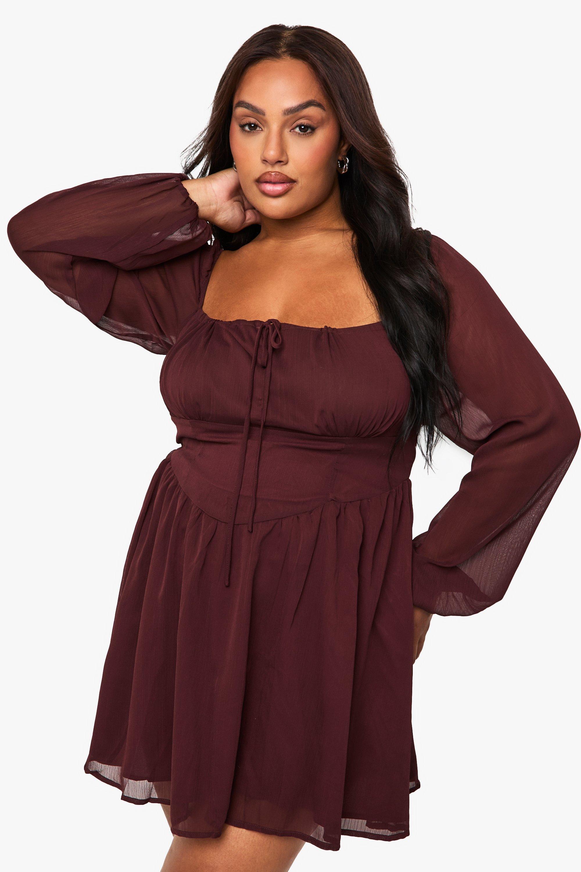 Boohoo Plus Chiffon Blouson Skater Dress, Chocolate