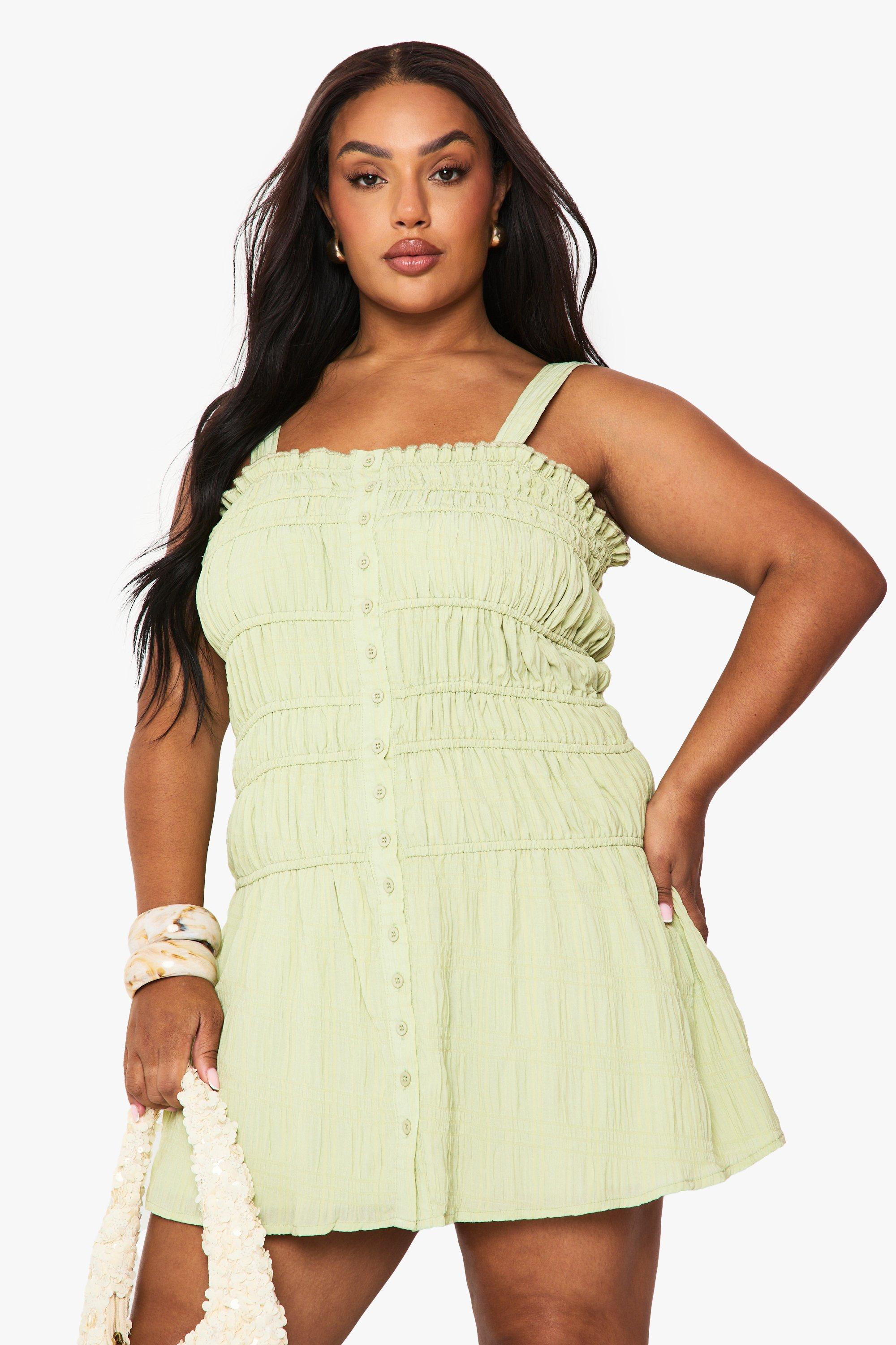 Boohoo Plus Strappy Shirred Skater Dress, Lime