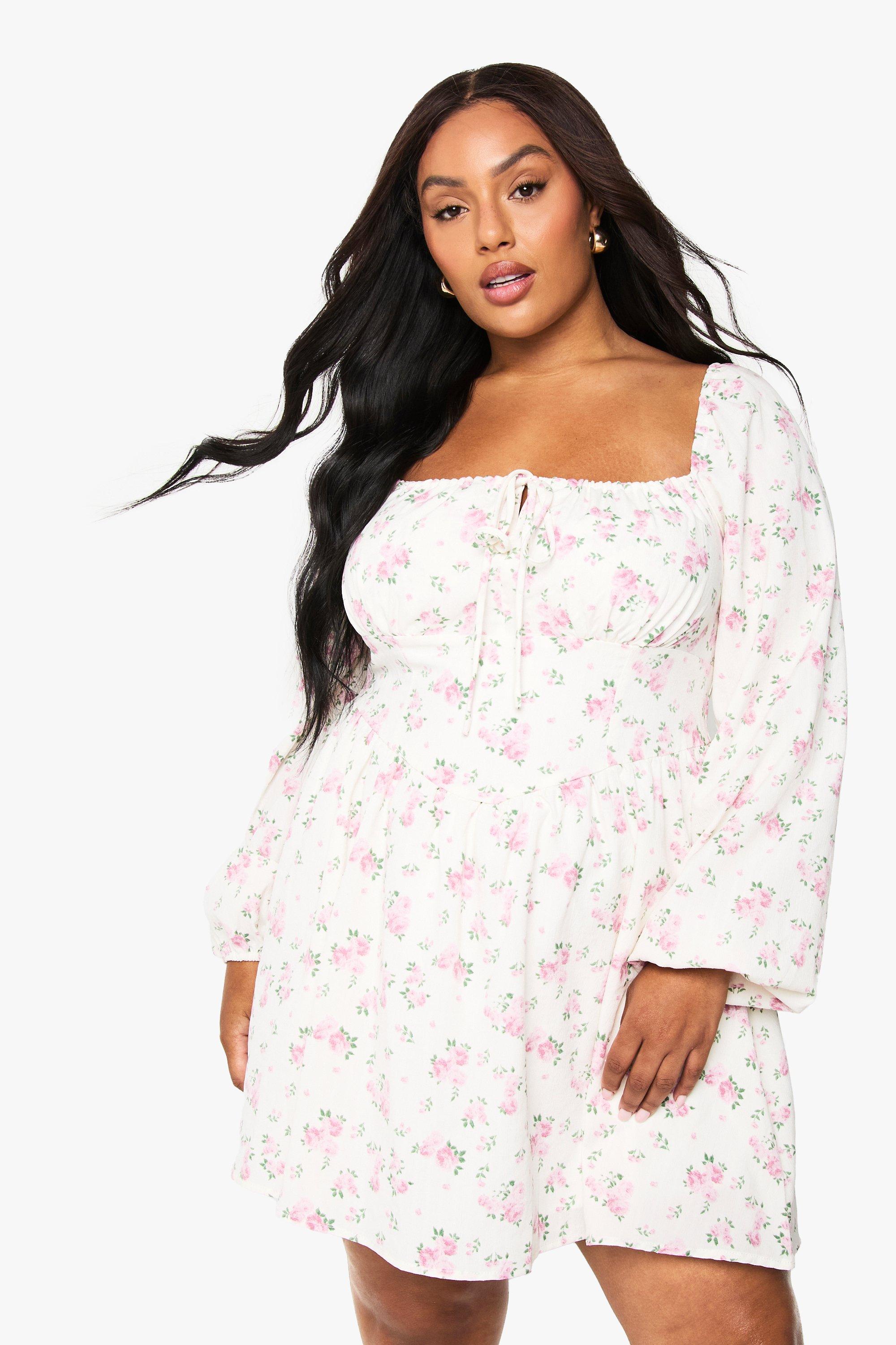 Boohoo Plus Floral Chiffon Blouson Skater Dress, Pink