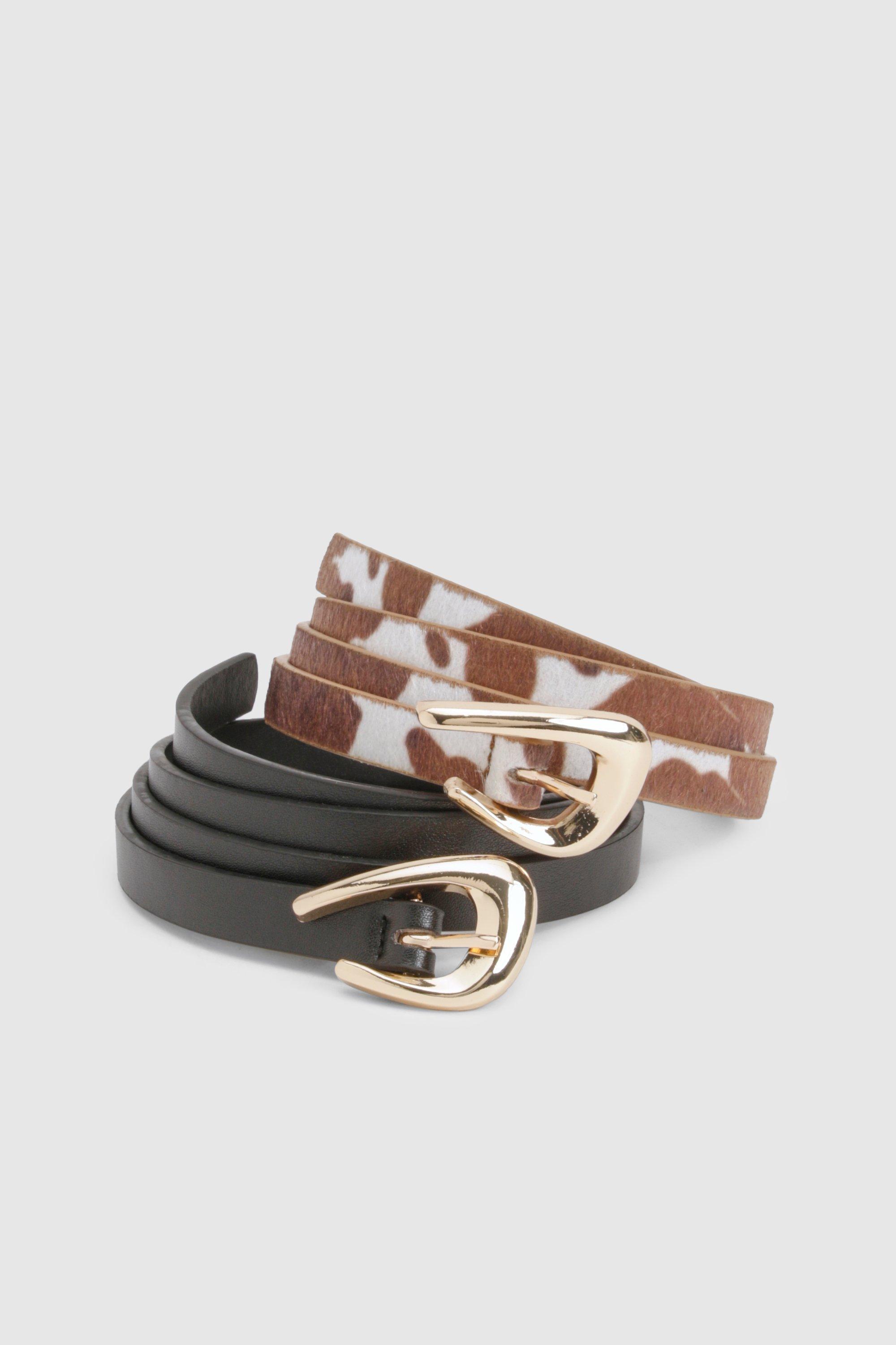 Boohoo Cow Print Skinny Belt 2 Pack, Multi