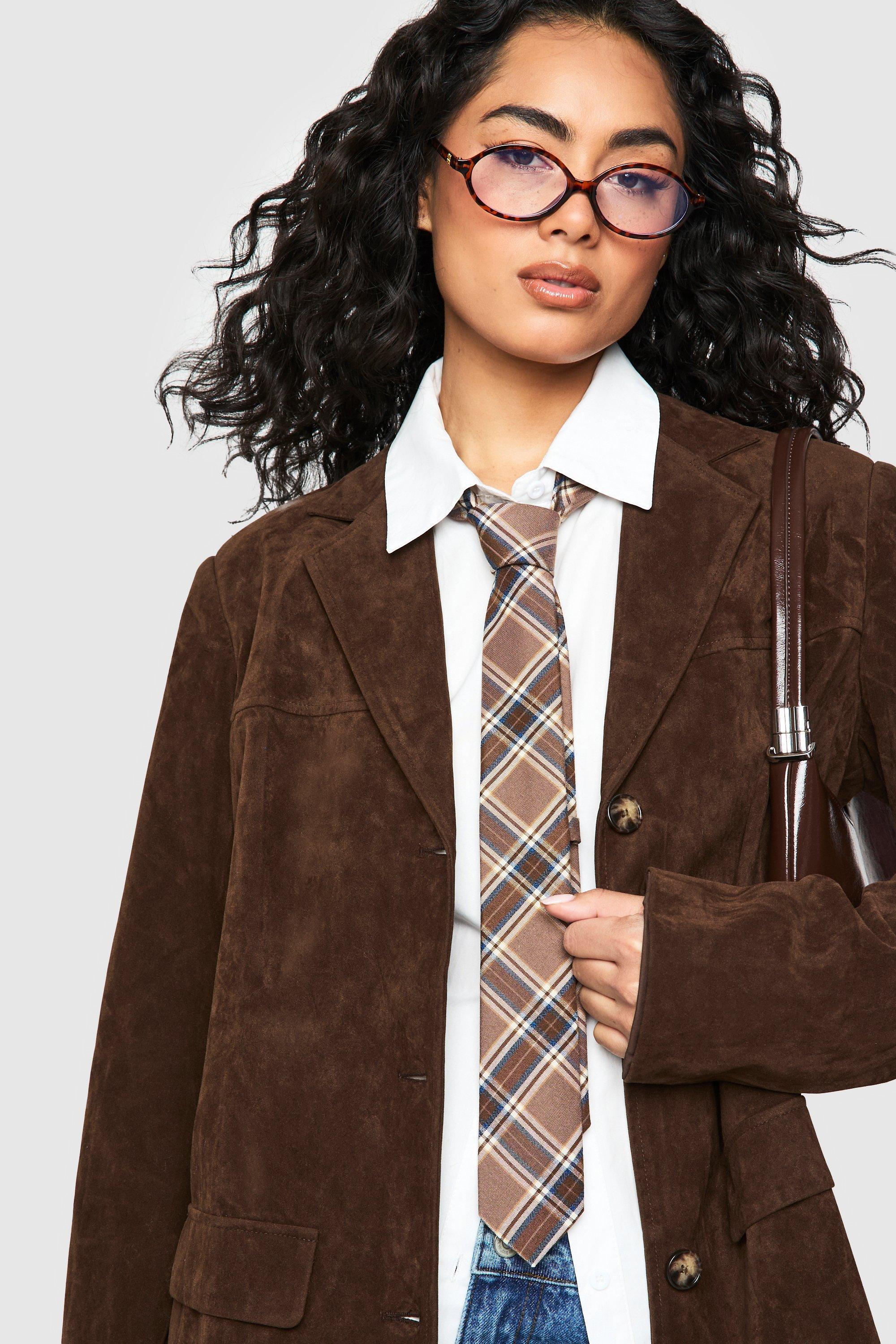 Womens Tonal Check Tie - Brown - One Size, Brown